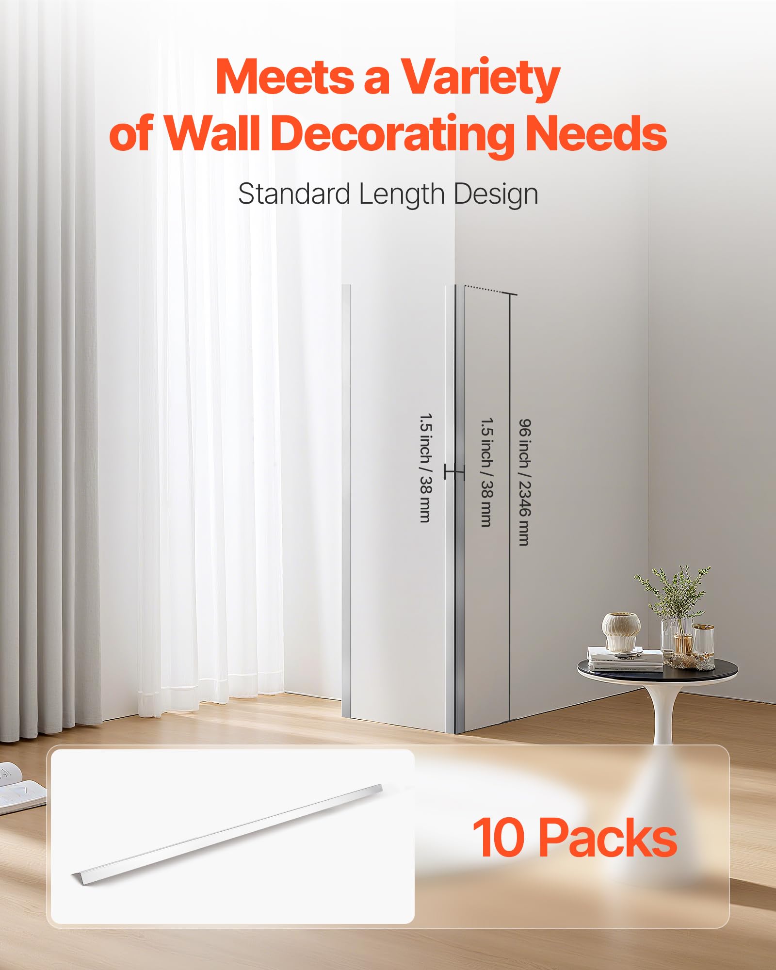 VEVOR Protector de Esquinas de Pared de Acero Inoxidable, 38 x 38 x 2436 mm, Borde de Acero Inoxidable 304 en Ángulo de 90 Grados para el Hogar, la Oficina, con Cinta Adhesiva de 3 m, 10 uds