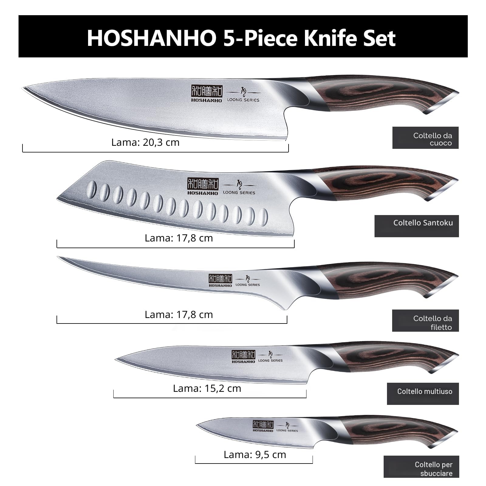 HOSHANHO Set di Coltelli da 5 Pezzi, Set Coltelli da Cucina Giapponesi in Acciaio Inossidabile ad Alto Tenore di Carbonio, Set di Coltelli da Chef Professionali Ultra Affilati