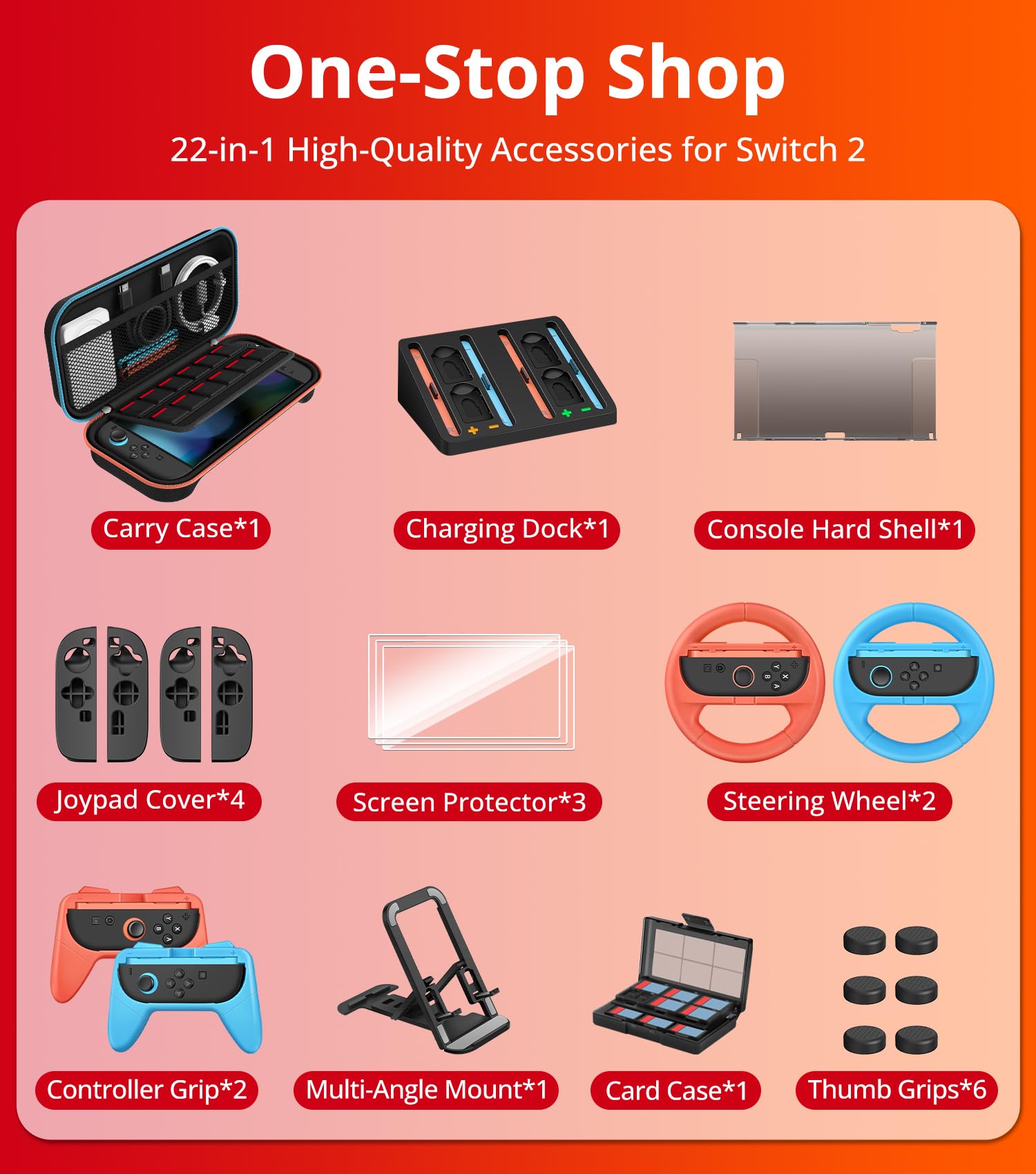 iVoler 22 in 1 Kit di Accessori per Nintendo Switch 2 - Include Custodia per Trasporto, Controller Charging Dock, Cover Protettiva, Pellicole Protettive, Volanti, Impugnature, Supporto, ecc - Nero