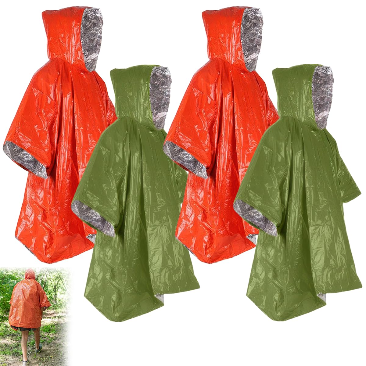 4 Piezas 125 x 100cm Poncho de Supervivencia, Poncho de Lluvia de Supervivencia de Emergencia, Manta Termica Supervivencias Ponchos, para Acampar, Senderismo, Emergencias (Naranja/Verde)