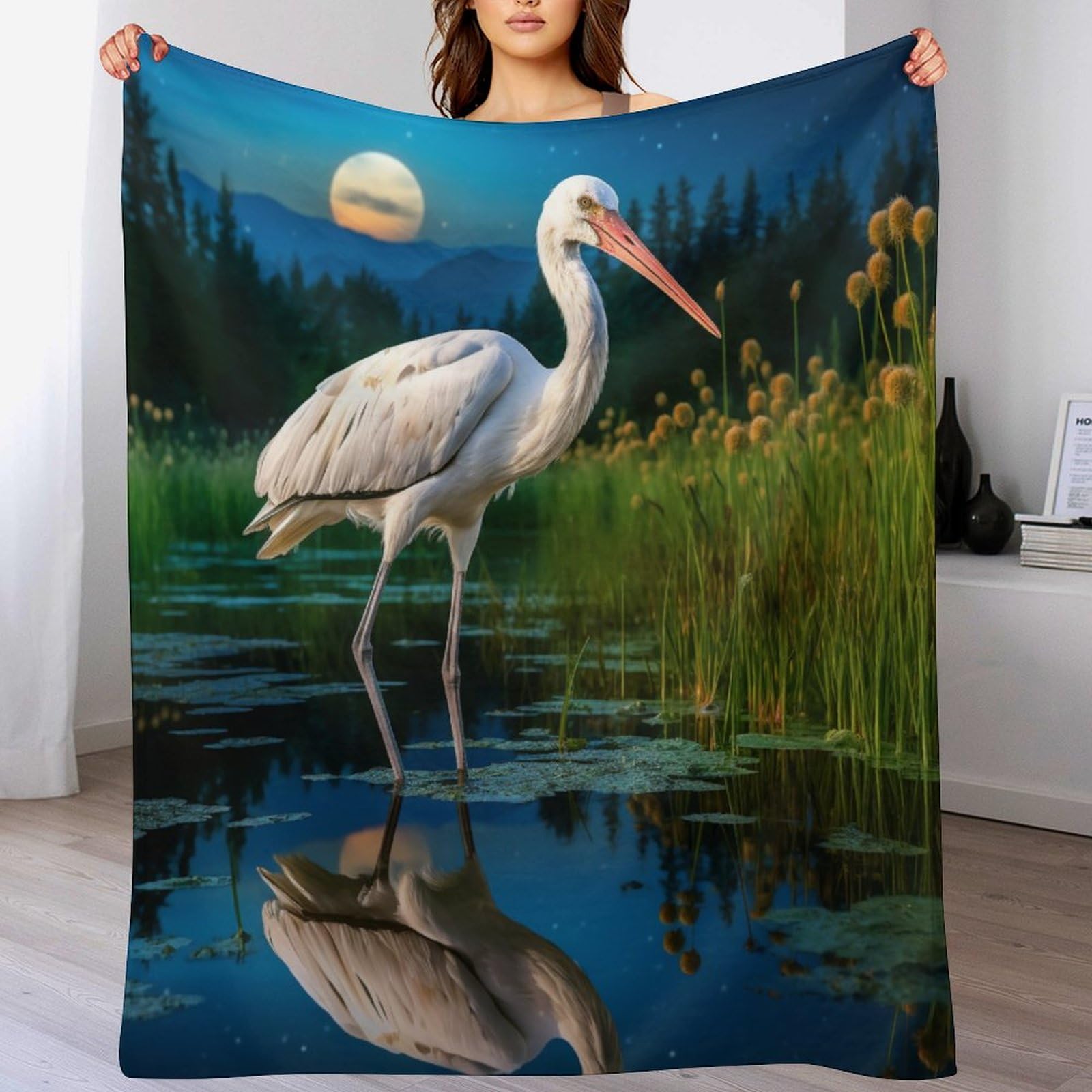 Couverture luxe motif cigogne 3D en flanelle polaire douce pour lit et canapé