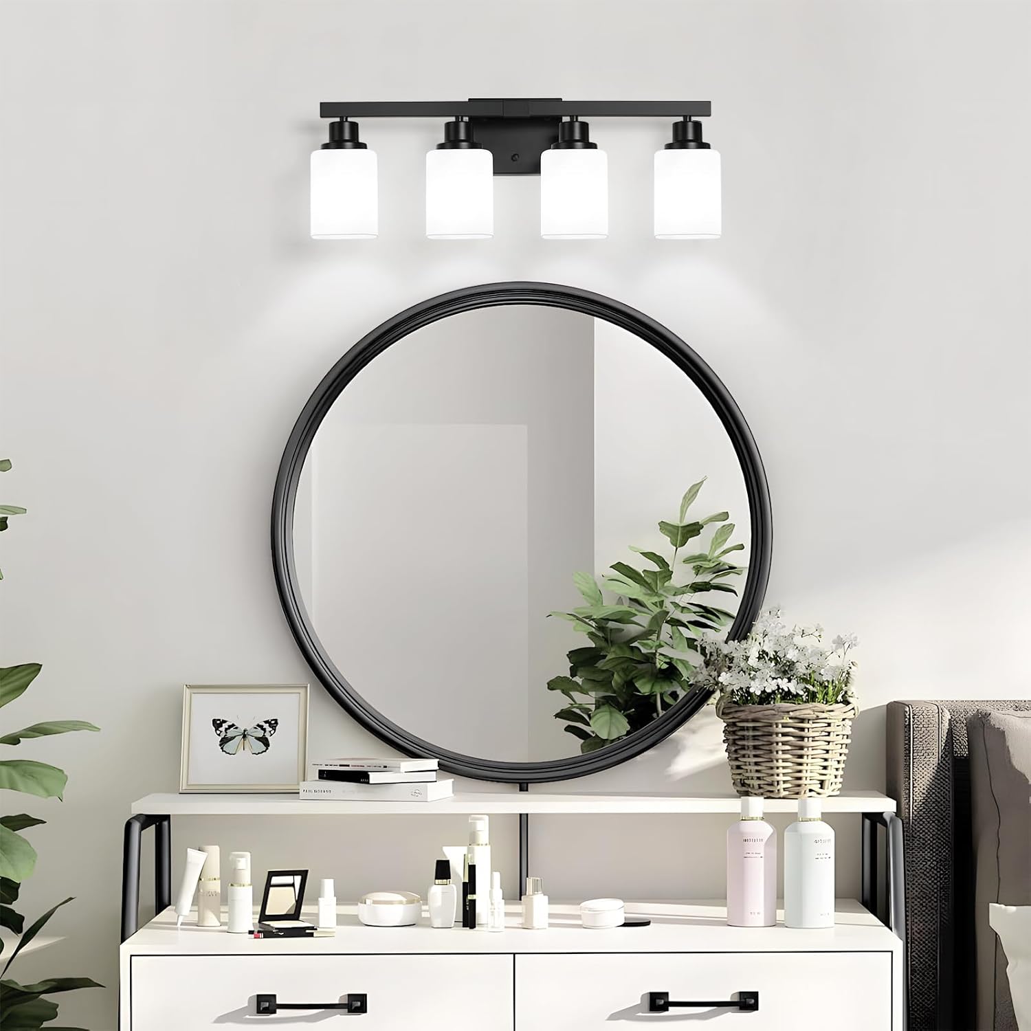 4-Light Bathroom Vanity Light, Modern Matte Black Bathroom Light Fixtures with Square Frosted Glass, Wall Sconces fixtures Over Mirror Restroom,Living Room Hallway E26