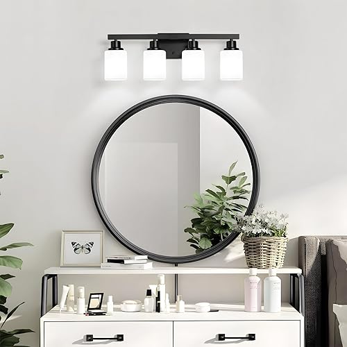 Miniatura 8 de Lámpara de tocador de baño de 4 luces, moderna lámpara de baño negra mate con vidrio esmerilado cuadrado, apliques de pared sobre espejo de baño,