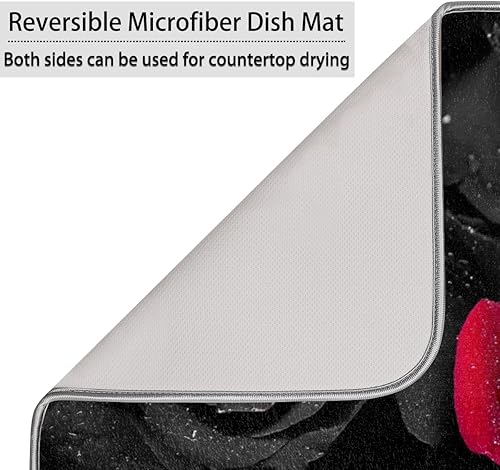 Miniatura 5 de Tapete de secado de platos con rosas y flores negras y rojas para encimera de cocina, almohadilla absorbente reversible de microfibra reutilizable,