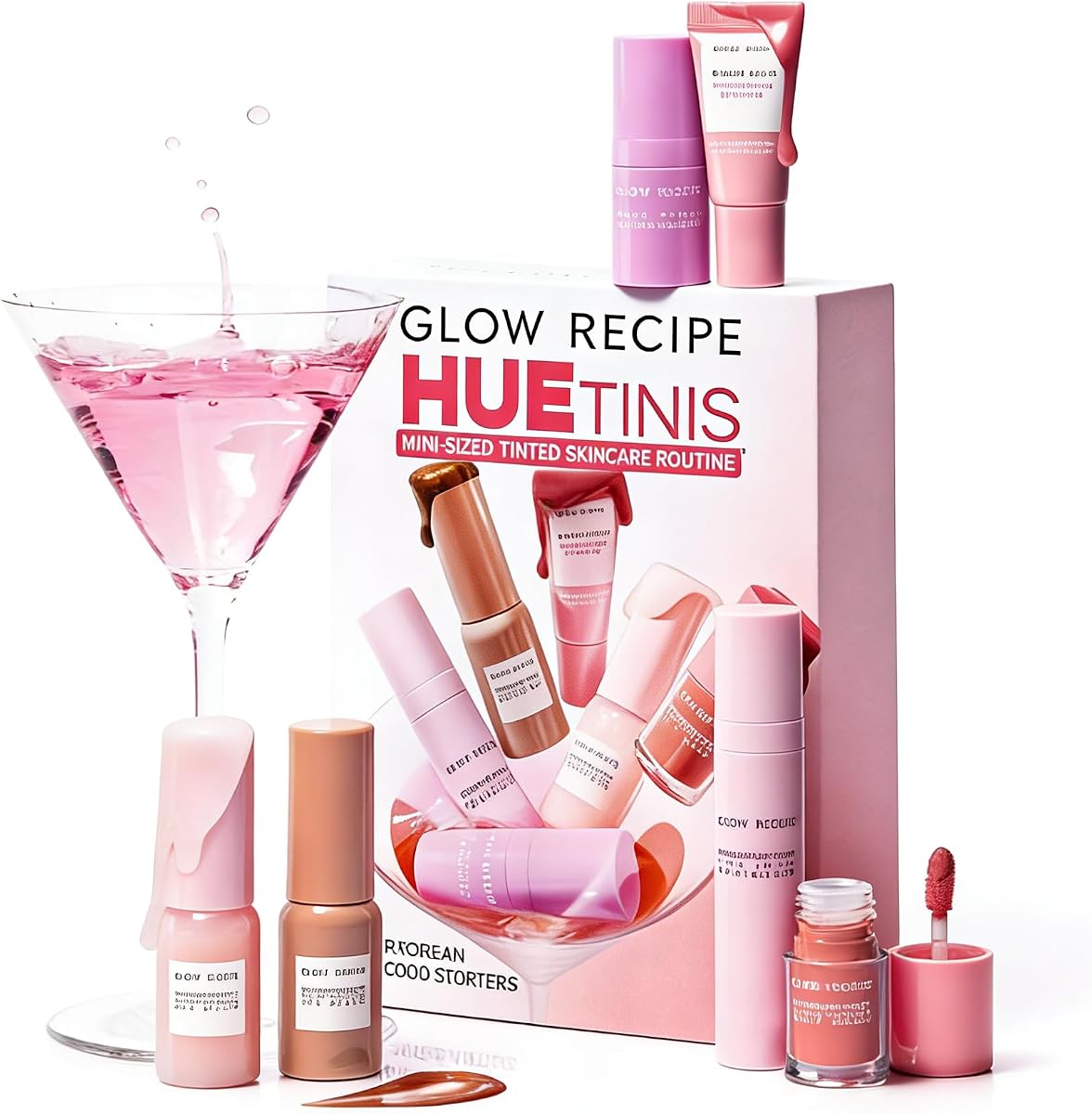 HueTinis Mini Tinted Skincare Set - 7-Piece Glowing Skin Kit with Niacinamide & Hyaluronic Acid - Travel Size Tinted Moisturizer, Hue Drops, Dewy Flush & Glass Balm for Natural Glow