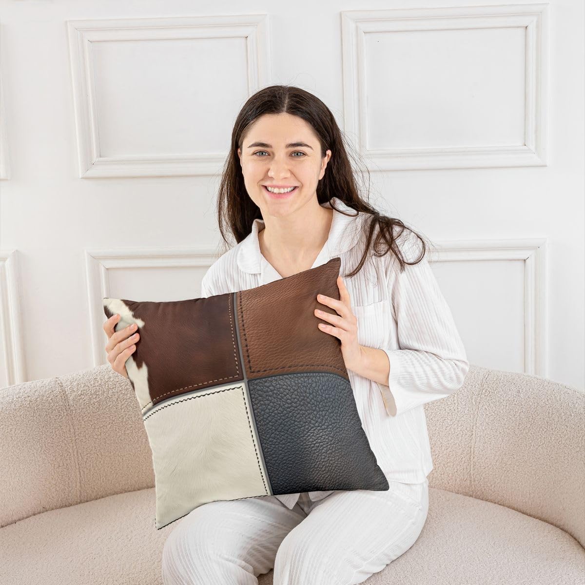 Cow Fur Geometric Throw Pillow Covers 24"x24" Set of 2 Soft Cowhide Farmhouse Cushion Covers Pillow Cases for Couch Sofa Bedroom Car Reversible Western Farm Animal Skin Decorative Throw Pillowcases