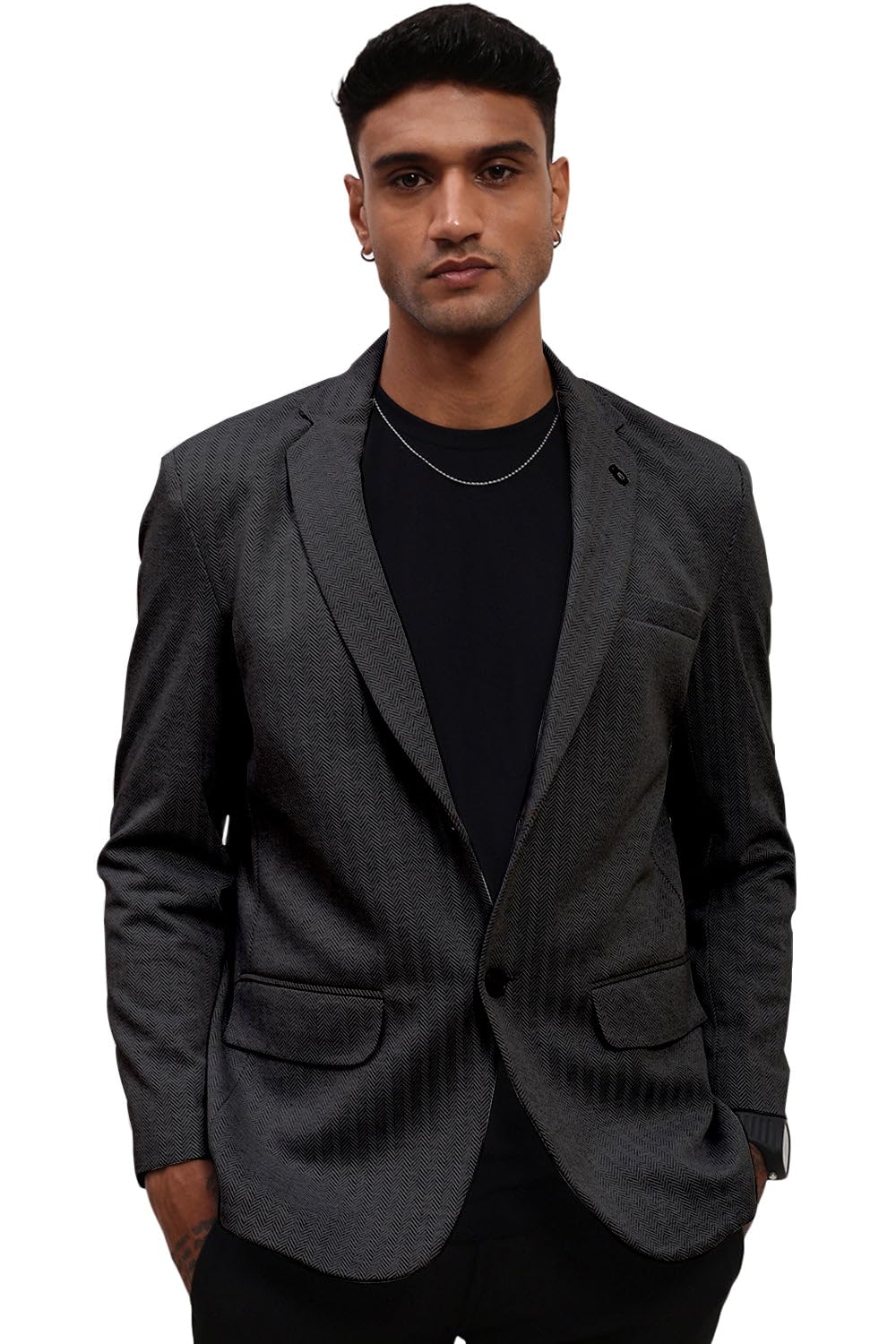 showoffff SHOWOFF Men's Charcoal Self Design Single Breasted Blazer-EX-3016_Charcoal-picture-20