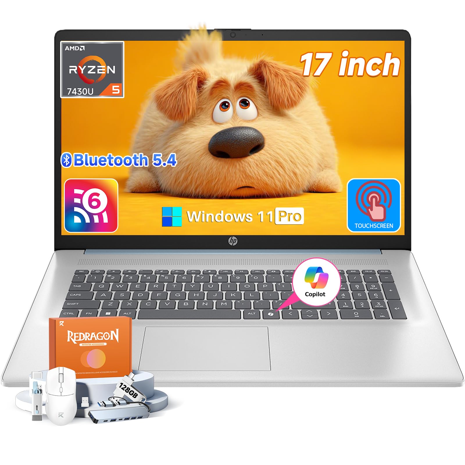 2026 17 inch Touchscreen Laptop, Windows 11 Pro, Copilot AI, AMD Ryzen 5 7430U, 17.3" HD+ Anti-Glare Touch Screen, 16 GB RAM, 1 TB SSD, Fast Charge, HD Camera, Wi-Fi 6, Bluetooth 5.4, Accessories