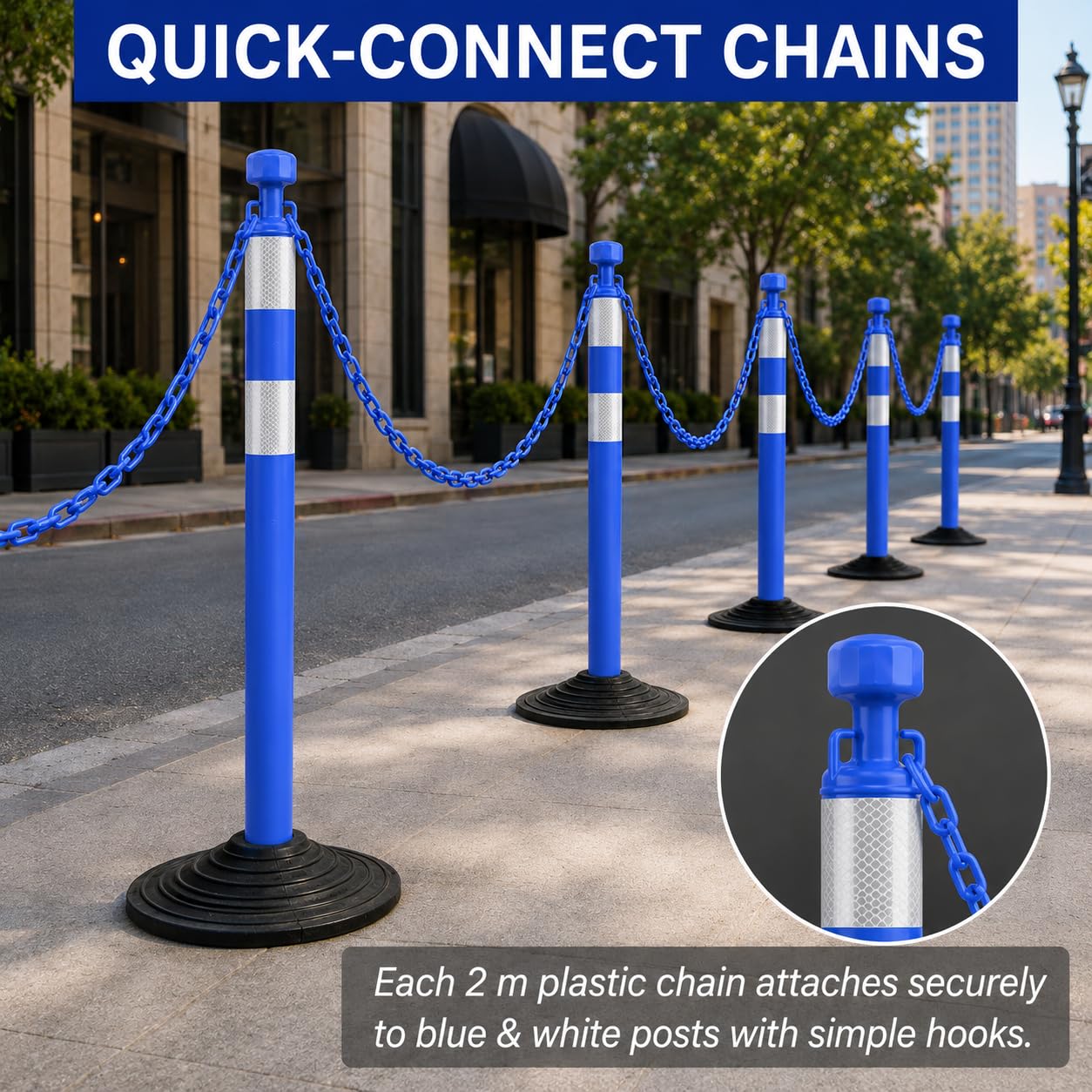 Set de 6 postes de seguridad de 99,6 cm con cadenas de plástico de 2 m, portátiles, para delimitación de áreas, obras, parkings y eventos (Azul y blanco)