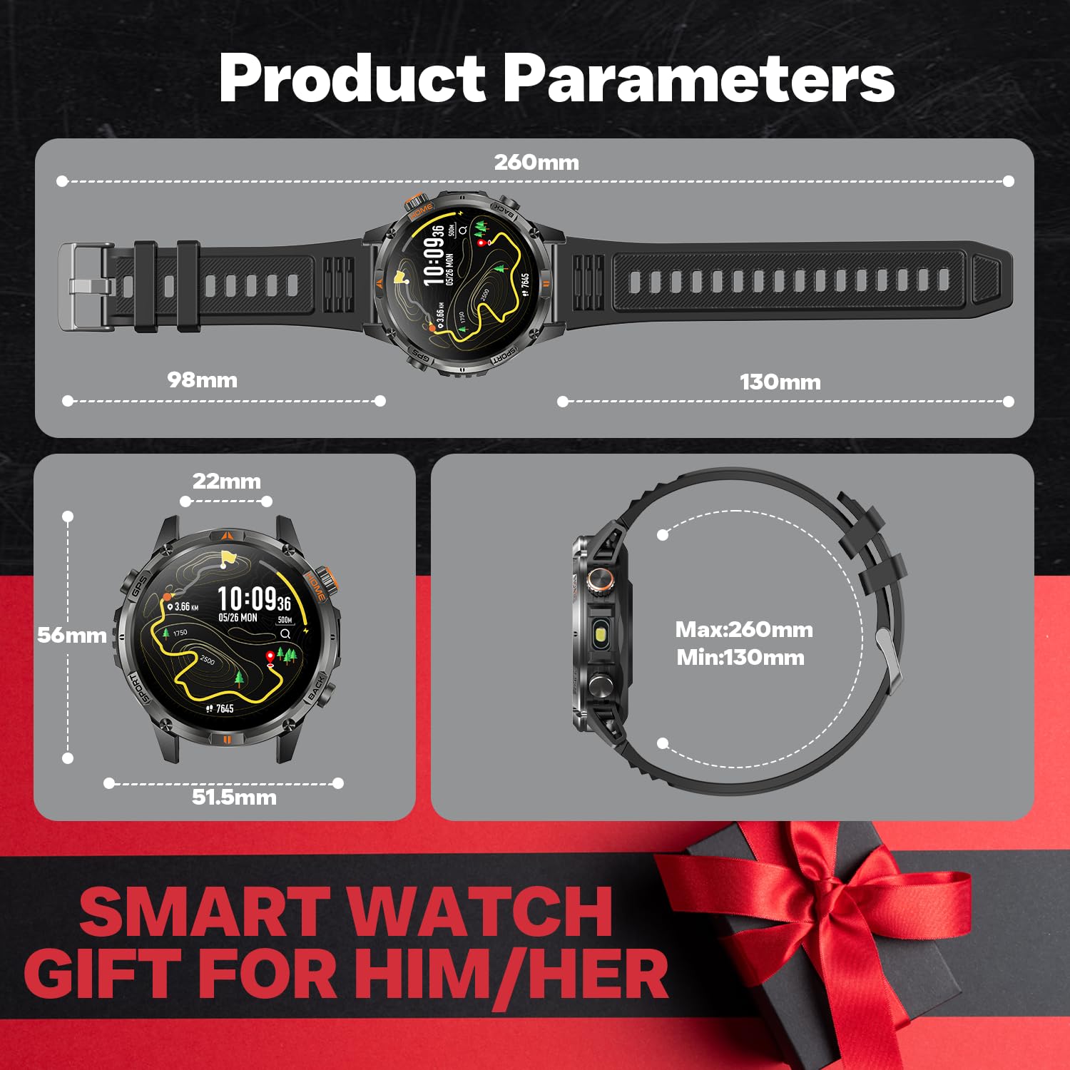 Montre Connectée Homme GPS Smartwatach: 1.46" HD Smart Watch Appel Bluetooth Fréquence Cardiaque SpO2 580mAh Batterie 100+ Modes Sportifs IP68 Etanche Surveillance Santé Torche LED pour iOS e Android