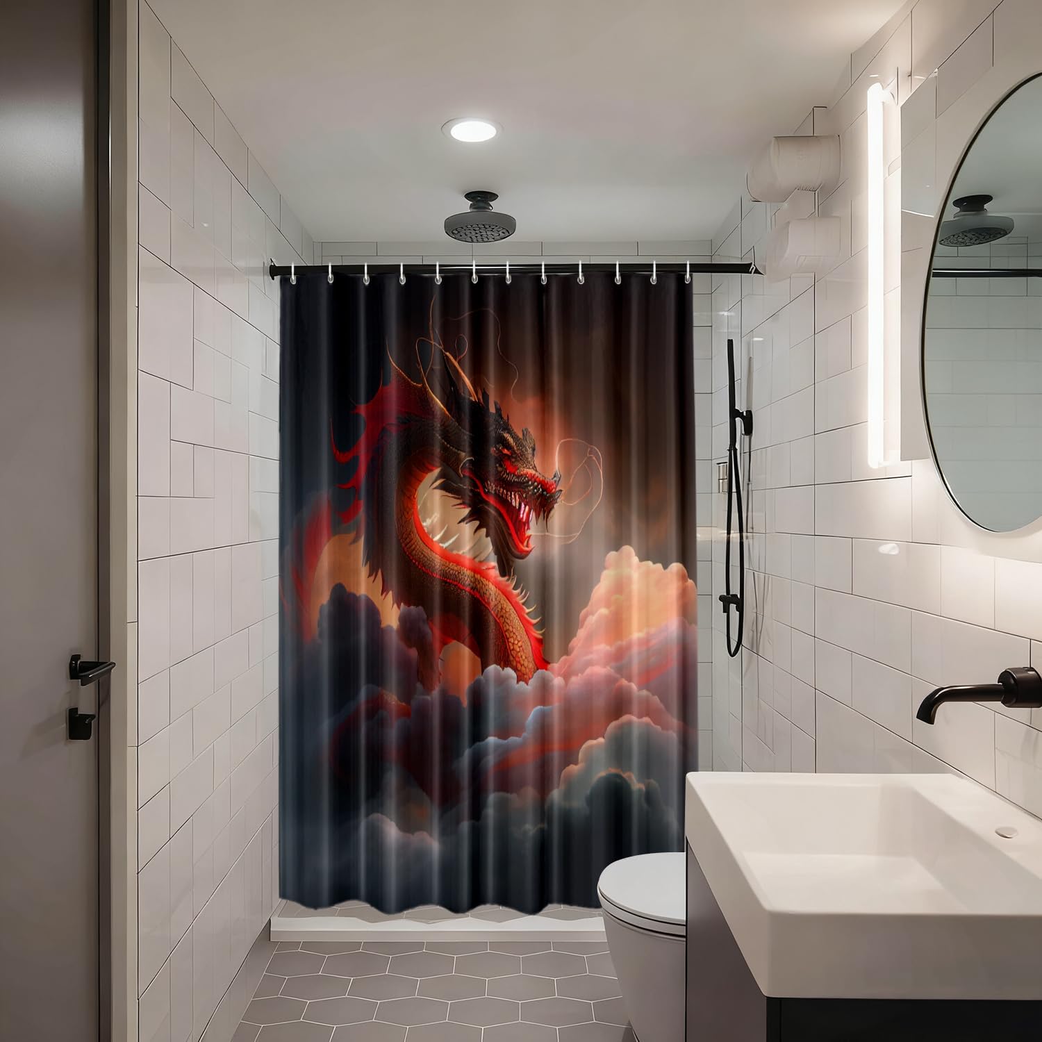 Shrahala China Animal Dragon Decorative Shower Curtain, Soaring Clouds Fog Shocking School Bathroom Décor Polyester Fiber Waterproof with Plastic Rings for Shower Stall Bathtubs 72 x 72 in