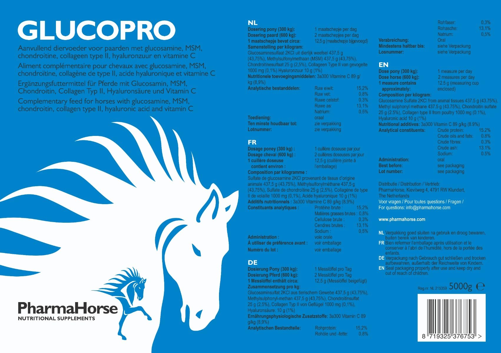 PharmaHorse Glucopro | Supplément pour Cheval | MSM, Vitamine C, Glucosamine, Collagène | sans Sucre ajouté | Sulfate de glucosamine 100% Pur | sans dopage | 5000 grammes