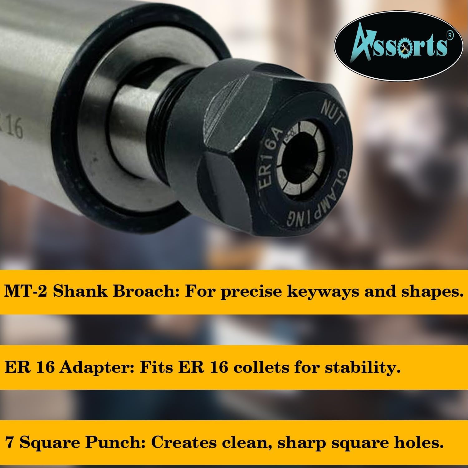 Assorts MT-2 Shank Rotary Broach with ER16 Adapter and 7 Square Broaches