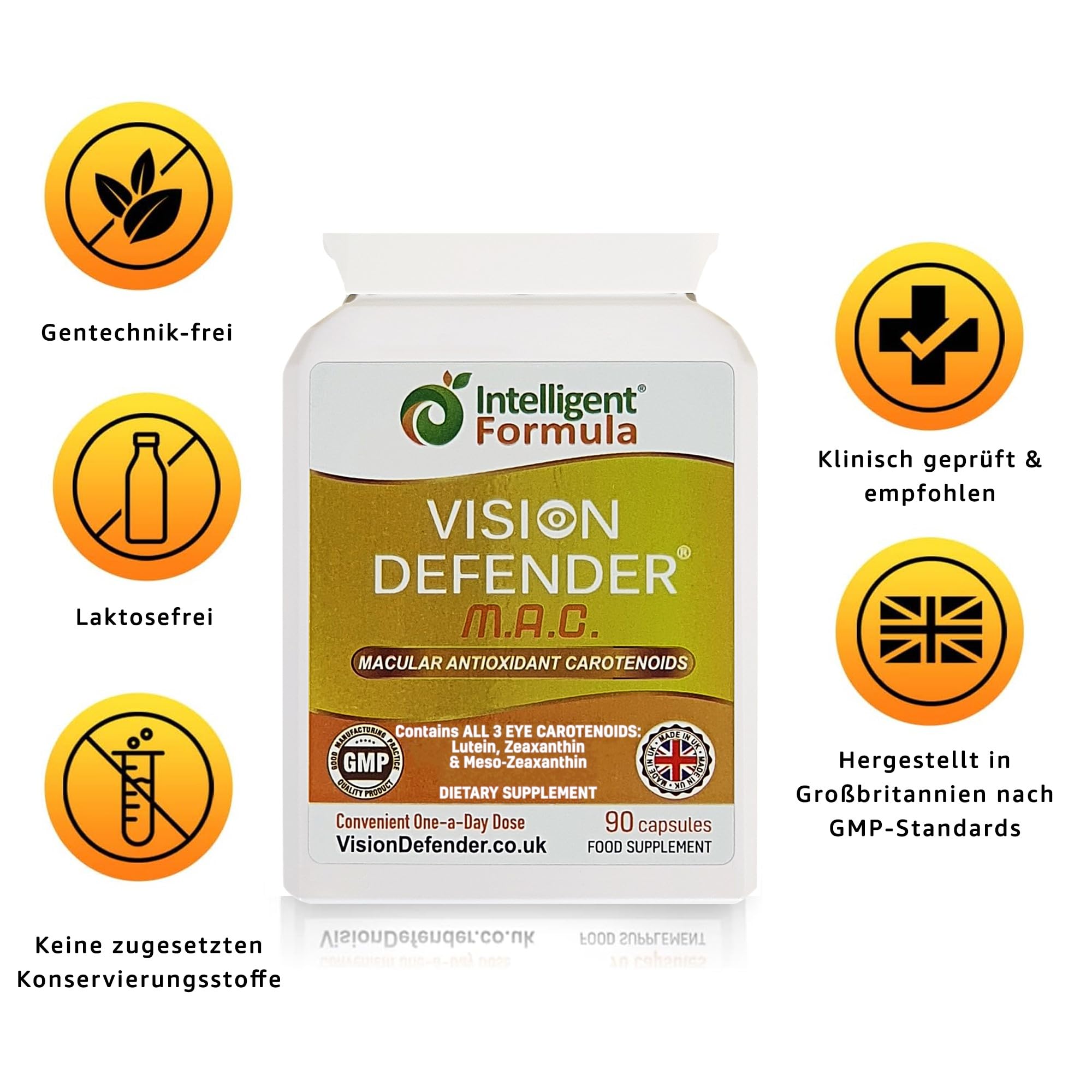 Vision Defender MAC Augenvitamine – Dreifach-Carotinoide: Lutein 10mg, Zeaxanthin 2mg & Meso-Zeaxanthin 10mg – Unterstützung für Sehkraft & Augengesundheit – 90 Kapseln – Hergestellt in Großbritannien