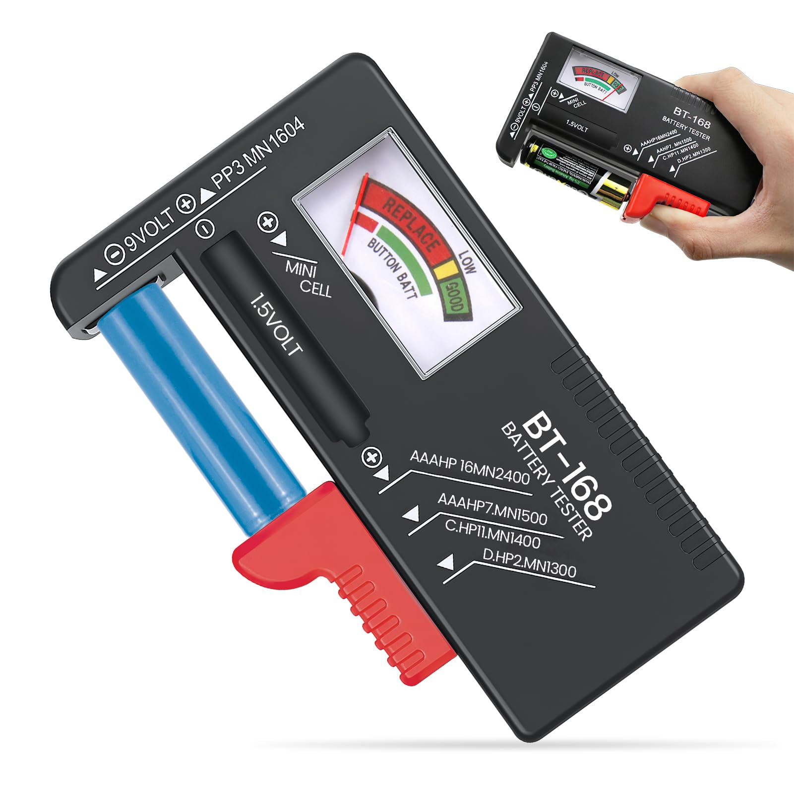 Testeur de Piles Universel, Testeur de Numérique Pointeur Piles pour AA AAA C D 9V 1.5V Batterie Bouton Vcontrôleur de Tension de Batterie Fonctionne Sans Pile Précis et Portable (Modèle: BT-168)