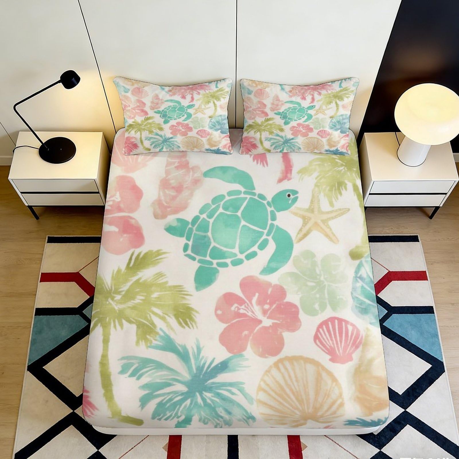 Pnayamiorkfel Style-10 3D Printed Tropical Sea Turtle Fitted Sheet Microfiber Soft Floral Ocean Mattress Cover Bedroom Guest Room Decor 90X200x25cm