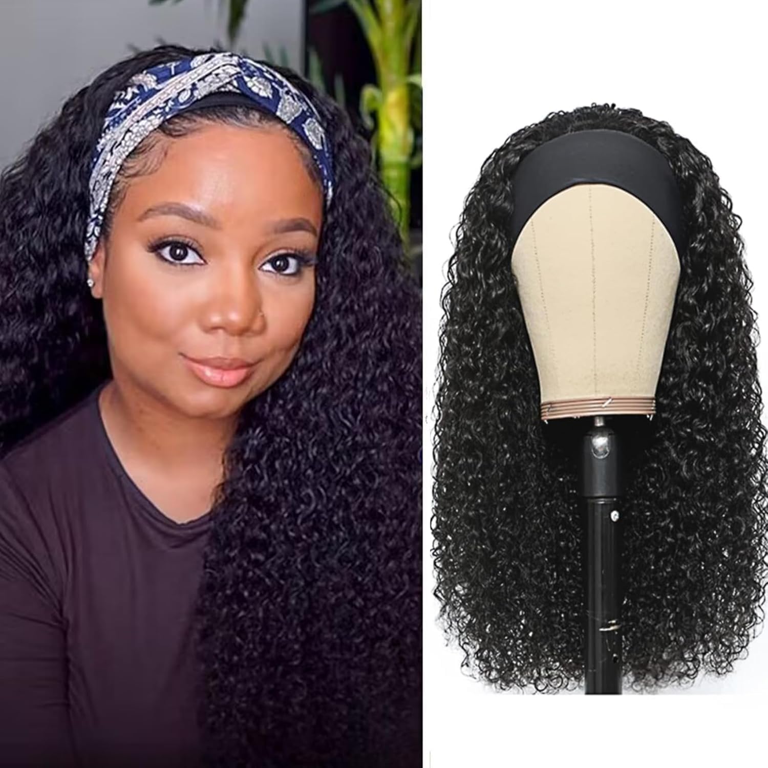 Hair Curly Wigs for Black Women 20 inch Wigs Human Hair Glueless Wear and Go None Lace Front Wig Headband Wigs Machine Made 150% Density Natural Color