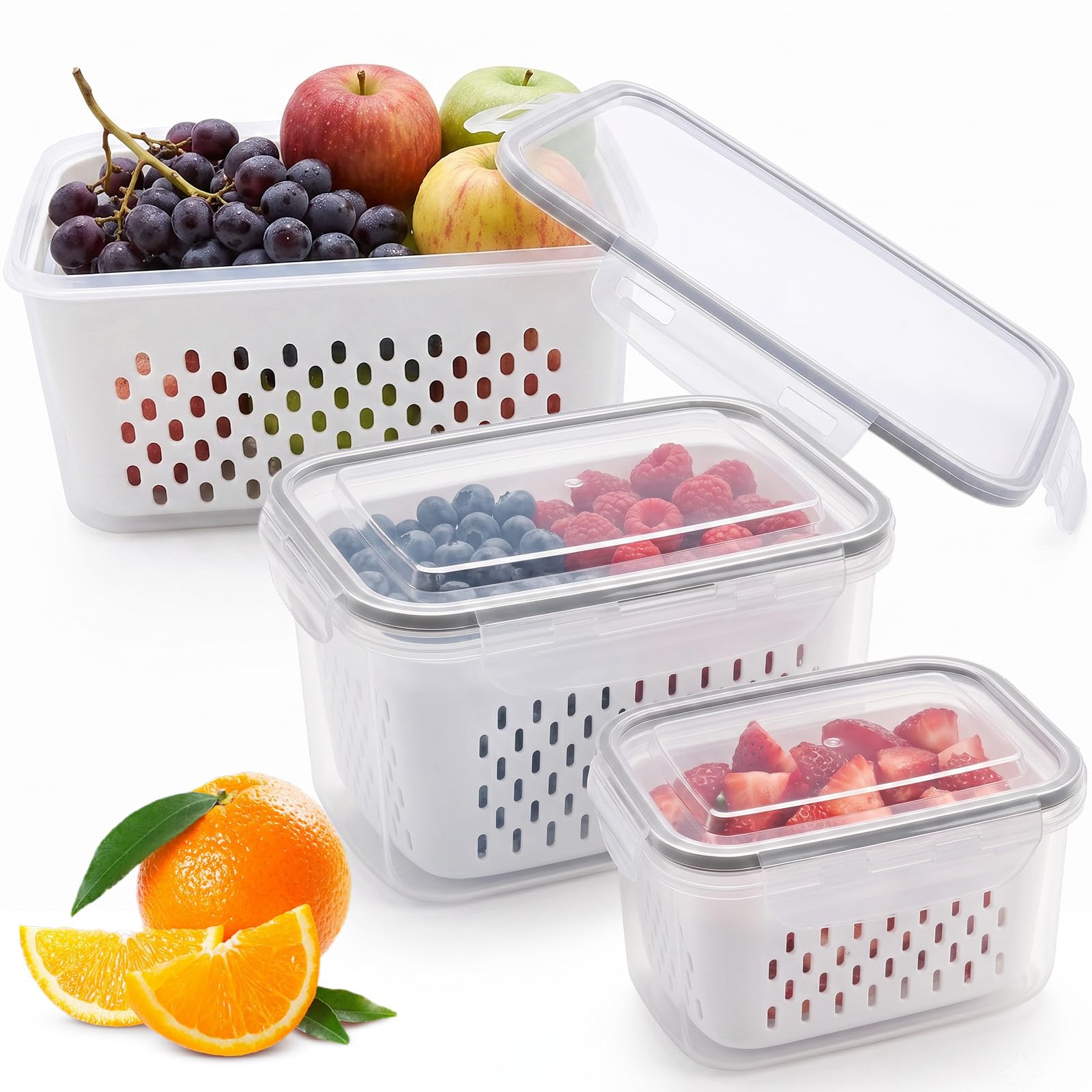 Uolike Fruit Storage Containers For Fridge 3 Pack Drain Fridge Organiser