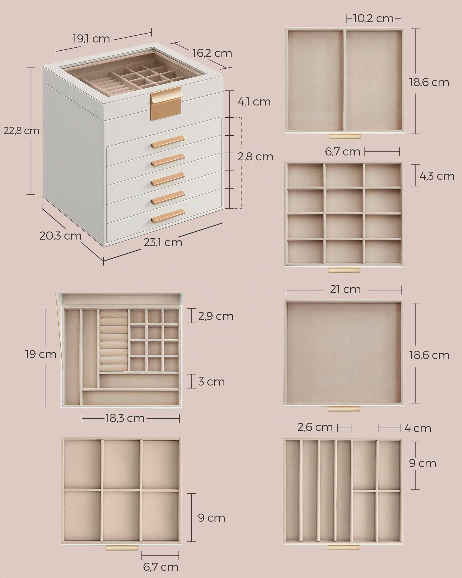 SONGMICS GISELLA Caja de Joyas 6 Niveles 5 Cajones 20,3x23,1x22,8 cm Blanco Nube y Dorado