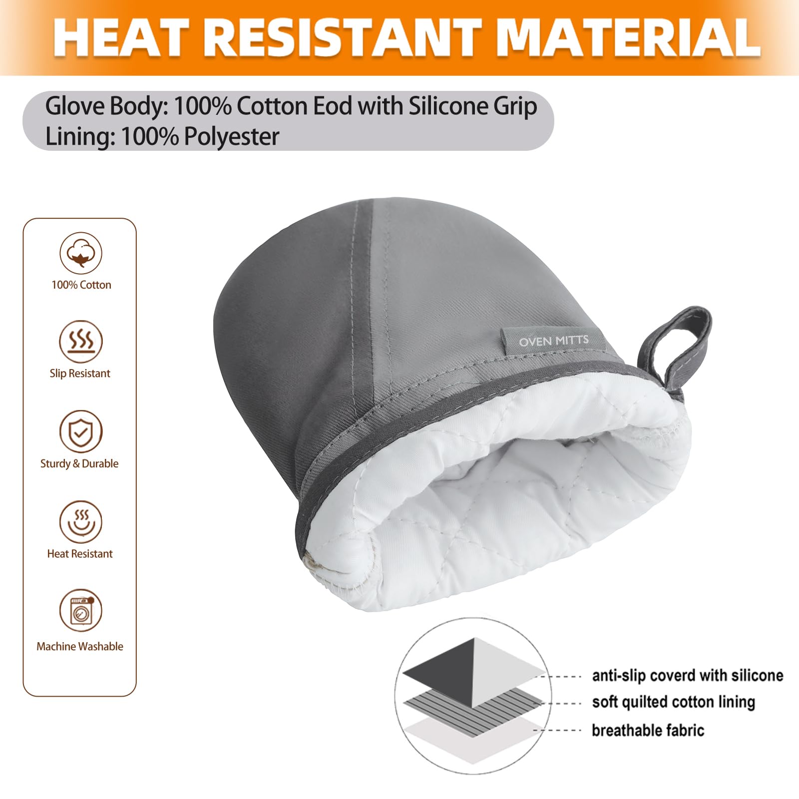 Mini manoplas de horno, guantes de horno de cocina, guantes de cocina resistentes al calor de 500 grados, superficie de silicona antideslizante con trabillas para colgar, guantes calientes