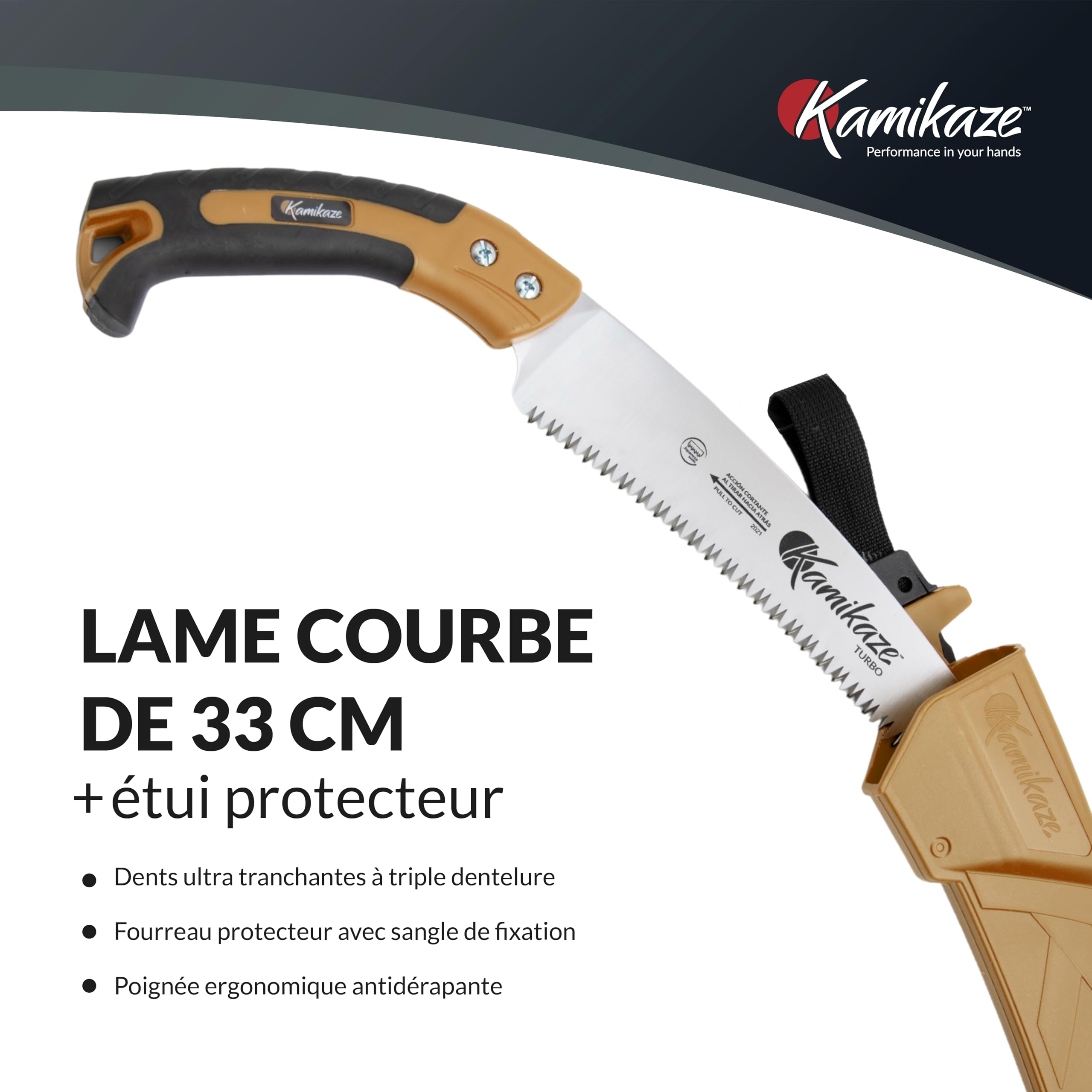 KAMIKAZE Scie d'élagage KM S-330 MAX. 80mm Ø. Livré avec étui. Acier SK-4 denté japonaise. Scie courbée. Fabriqué et conçu en Espagne