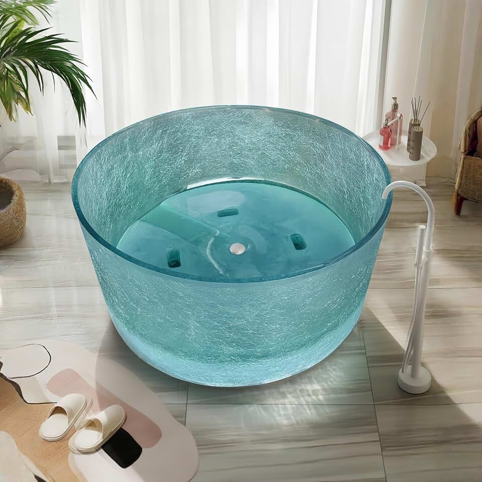 59" Edeyeu Freestanding Bathtub - Round Solid Surface Bathtub With Ice Crack Texture, Luxury Extra Deep Soaking Tub, Natural Resin Stand Alone Free Standing Tub For Modern Bathroom Design Blue