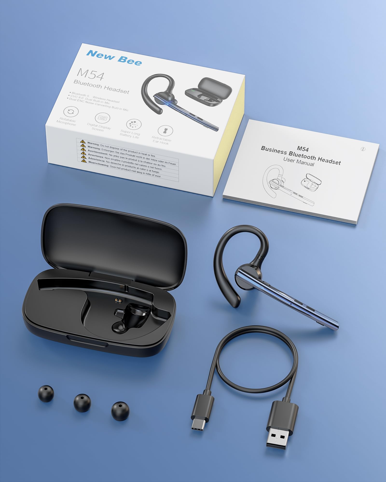 New Bee Auricolare Bluetooth Singolo V5.1 con 72 Ore di Conversazione CVC8.0 Auricolari Bluetooth Mono con Doppio Microfono con Custodia di ricarica a LED per iPhone, Android e Laptop