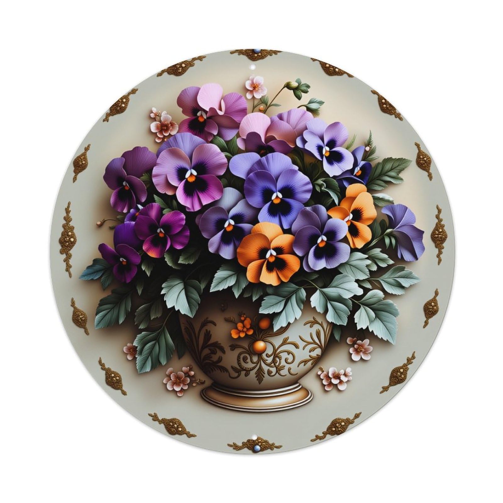 Wmlzdnwr Vintage Floral Arrangement In Ornate Vase With Purple And Orange Pansies Round Tin Sign,Retro Wall Art,Metal Poster For Home, Bar, Garage, Cafe, Rustic Indoor & Outdoor Decor, 8X8 Inches