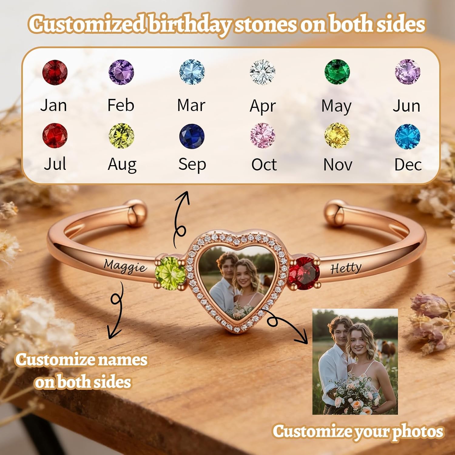 Personalized Photo Bracelet for Women, Custom Birthstone Bracelets with Engraved Name, Stainless Steel Heart Bracelet with Photo Inside, Anniversary Valentine’s Day Gifts for Couple/Wife/Women