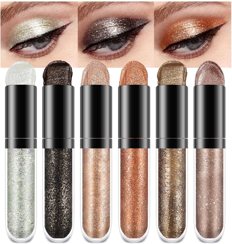 6 Colors Gold Liquid Glitter Shimmer Eyeshadow Set for Eyes Silver Shimmer Sparkle Shiny Light Glitter Metallic Pigment Colorful Eye Shadow Liner Makeup Palette Kit Quick Drying Longwearing A
