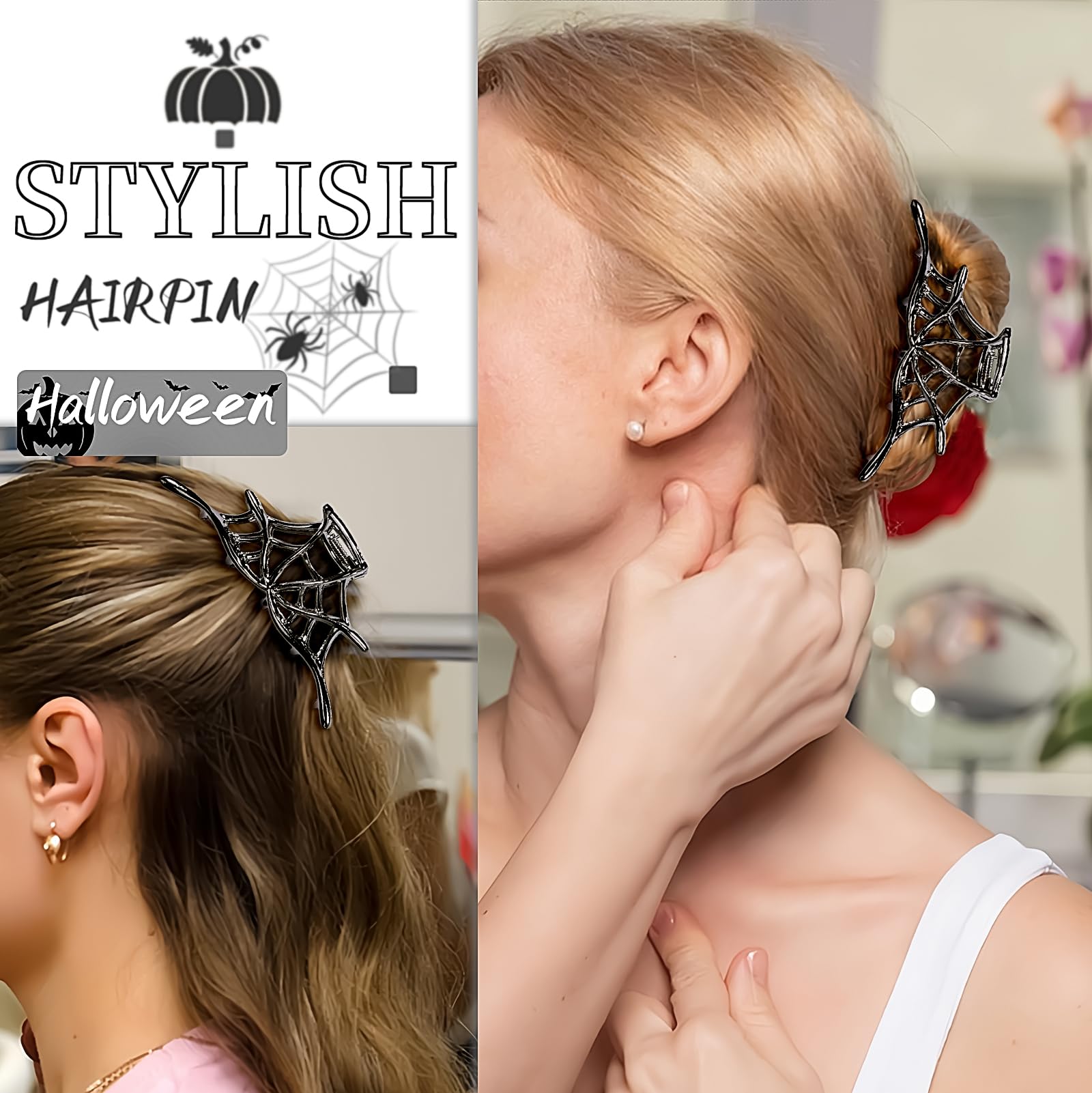 3 fermagli per capelli neri gotici grandi, per Halloween, in metallo, con design a ragnatela punk, in acrilico, antiscivolo, per acconciature spesse e sottili