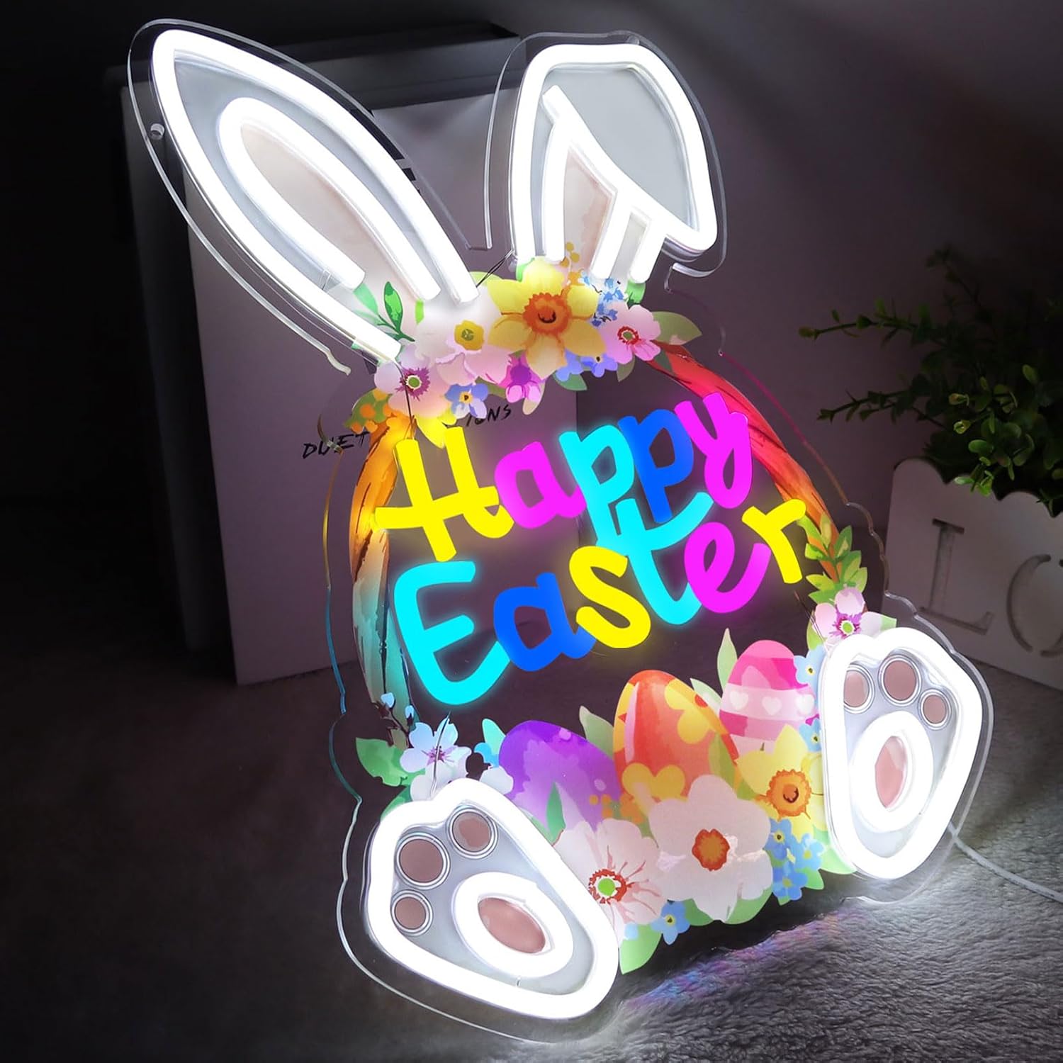LED Happy Easter Neon Sign Light, Easter Holiday Theme,Dimmable Indoor Wall Decor for Kids, Room, Office, Party Gift Art for Boys Girls-15.75 x 10.68 IN-USB Powered-Acrylic