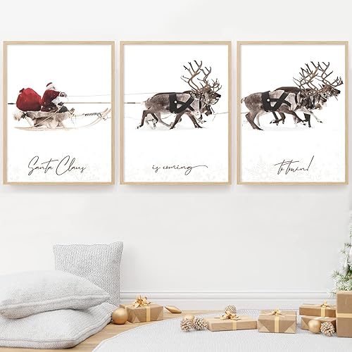 Miniatura 4 de AnyDesign 3 impresiones de arte de pared de Navidad de 13 x 17 pulgadas reno de Papá Noel con trineo decoración de póster de arte grande estético de