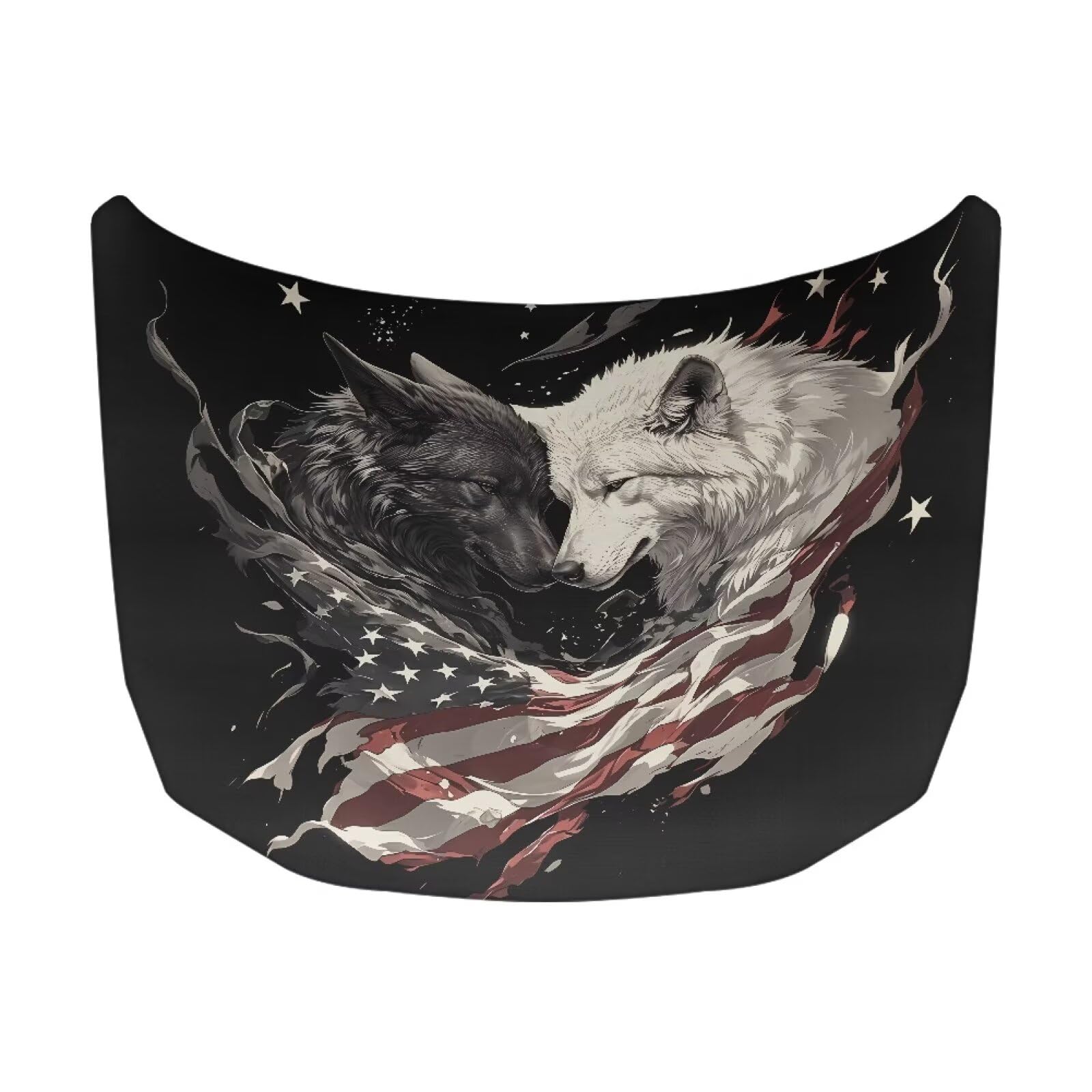 Cool Wolf American Flag Car Hood Cover Protector 59×39 Inch Auto Hood Wrap Blankets Stretchable Waterproof Sun Proof Auto Patriotic Decorations for Sedans SUV Trucks