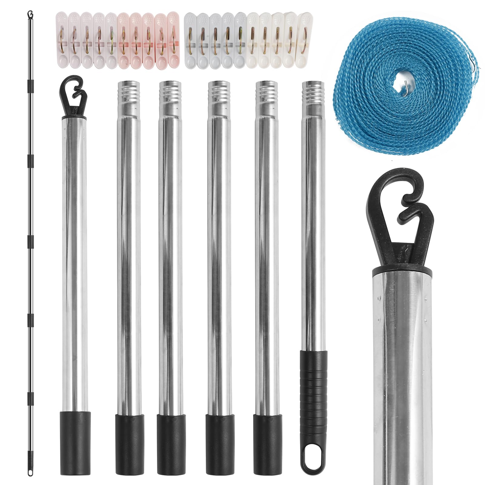 Washing Line Prop Pole Post, Heavy Duty Stainless Clothes Line Props Pole for Washing Line Outside, 2.4 Extendable Pole for Laundry Support