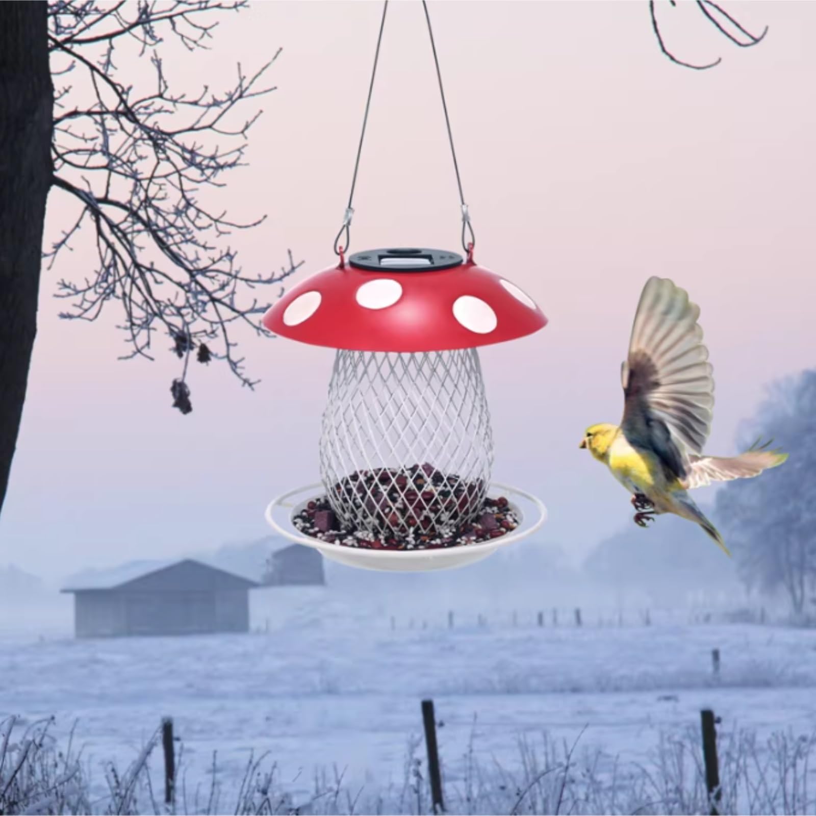 Karmnik dla Dzikich Ptaków Bird Feeder Zasilany Energią Słoneczną Karmnik Dla Ptaków W Kształcie Grzyba Wiszący Dekoracyjny Na Patio Ogrodzie Wróbli