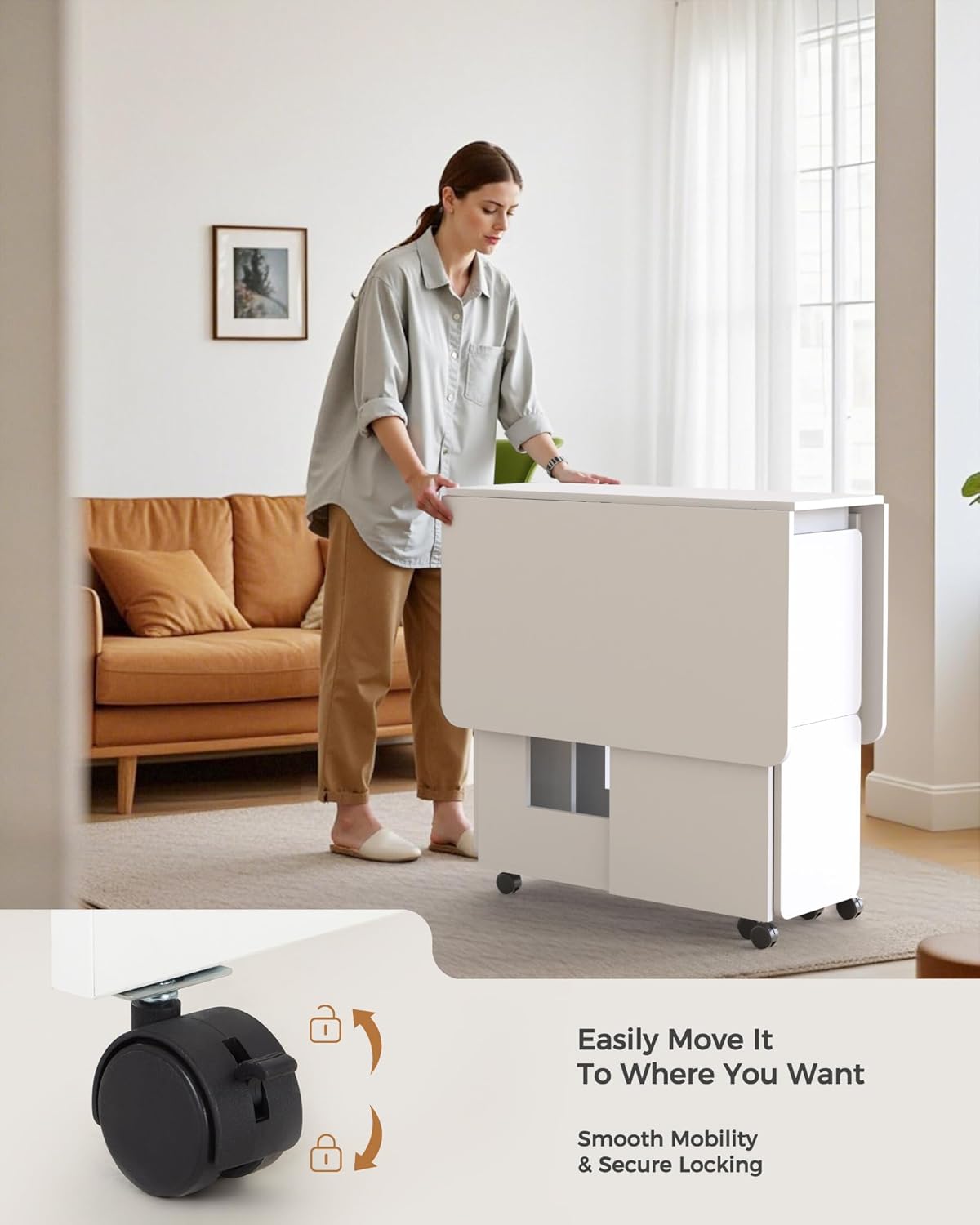 Image showing the table's internal storage shelves and how the stools can be neatly stored inside the table's frame when folded.