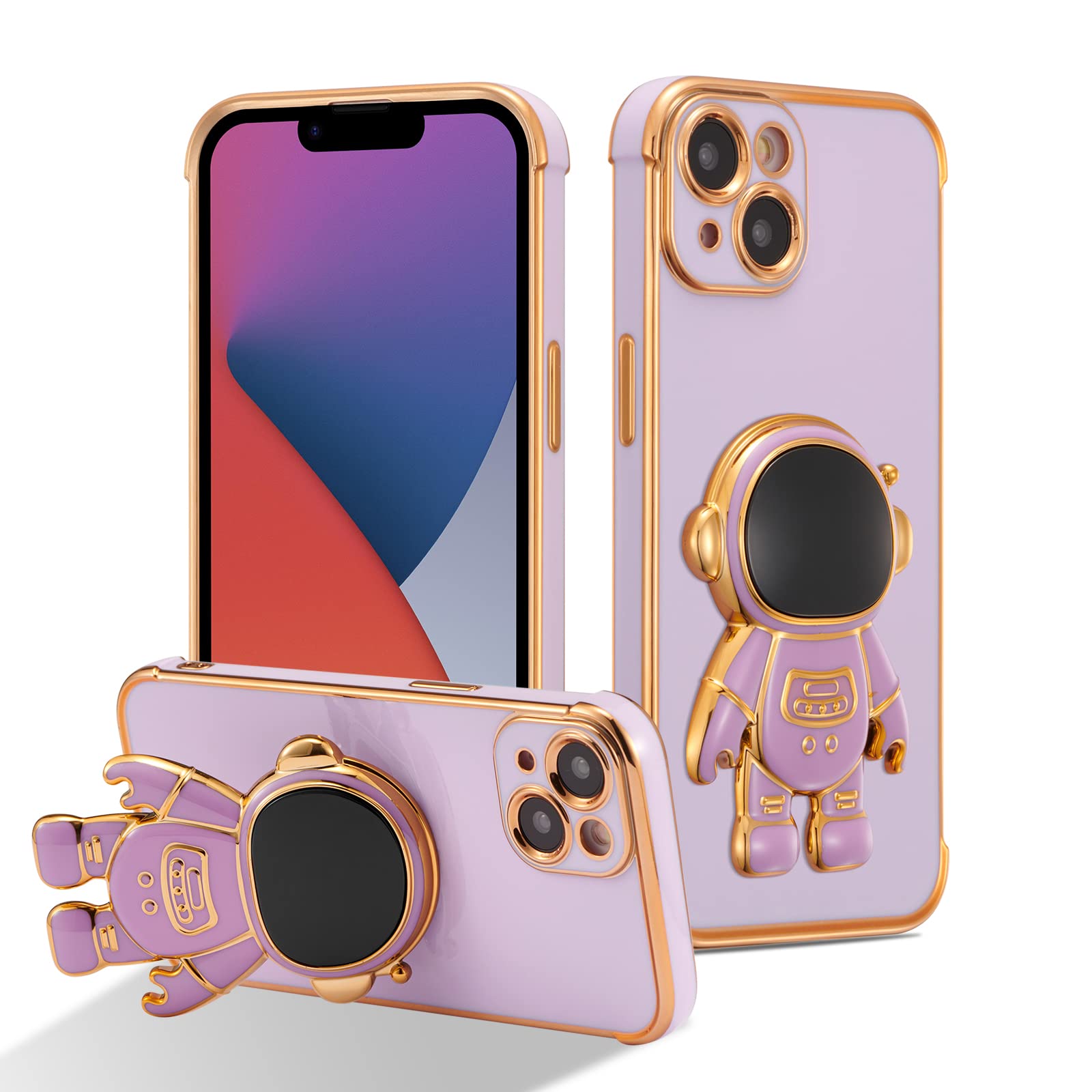 RALEAVO Compatible with iPhone 14 Plus (6.7") Case with Cute Astronaut Kickstand Design Shockproof Plating Phone Case for iPhone 14 Plus-Purple