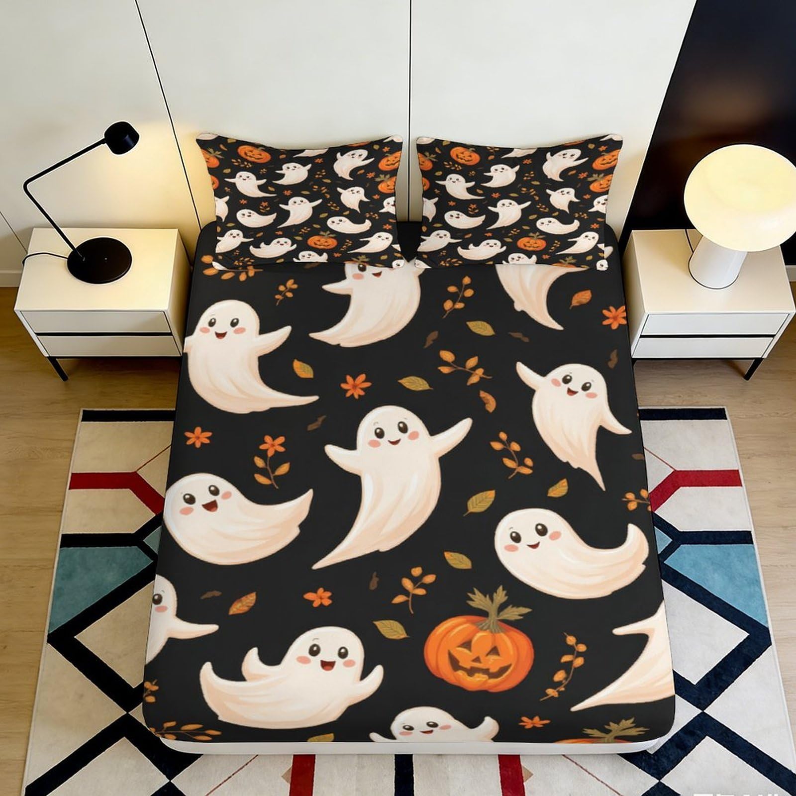 Pnayamiorkfel Style-8 3D Printed Cute Ghost Fitted Sheet Microfiber Halloween Pumpkin Bed Cover For Bedroom Guest Room Decor Dustproof Easy Care 90X200x25cm