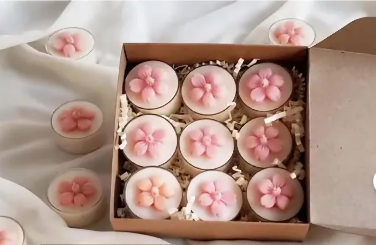 Pink Floral Tea Light Candles, Decorative Gift Box Set of 9, White Base with Cherry Blossom Design, Fancy Decorative Gift Candle, Scented Candle, Aroma
