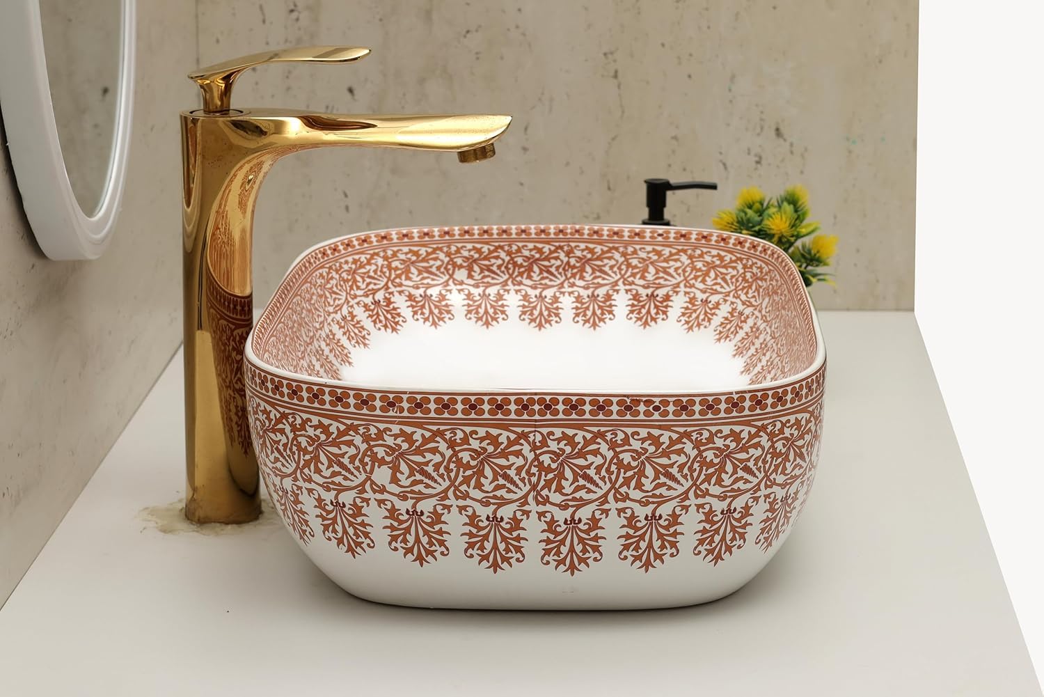 Archstone Wash Basin for Bathroom-1 Year Warranty- Tabletop Washbasin - Ceramic Glossy Rectangle Designer Moroccan Countertop Vessel Sink, Dining Hall & Vanity 33x45x14.5 cm (Maroon Moroccan) 3