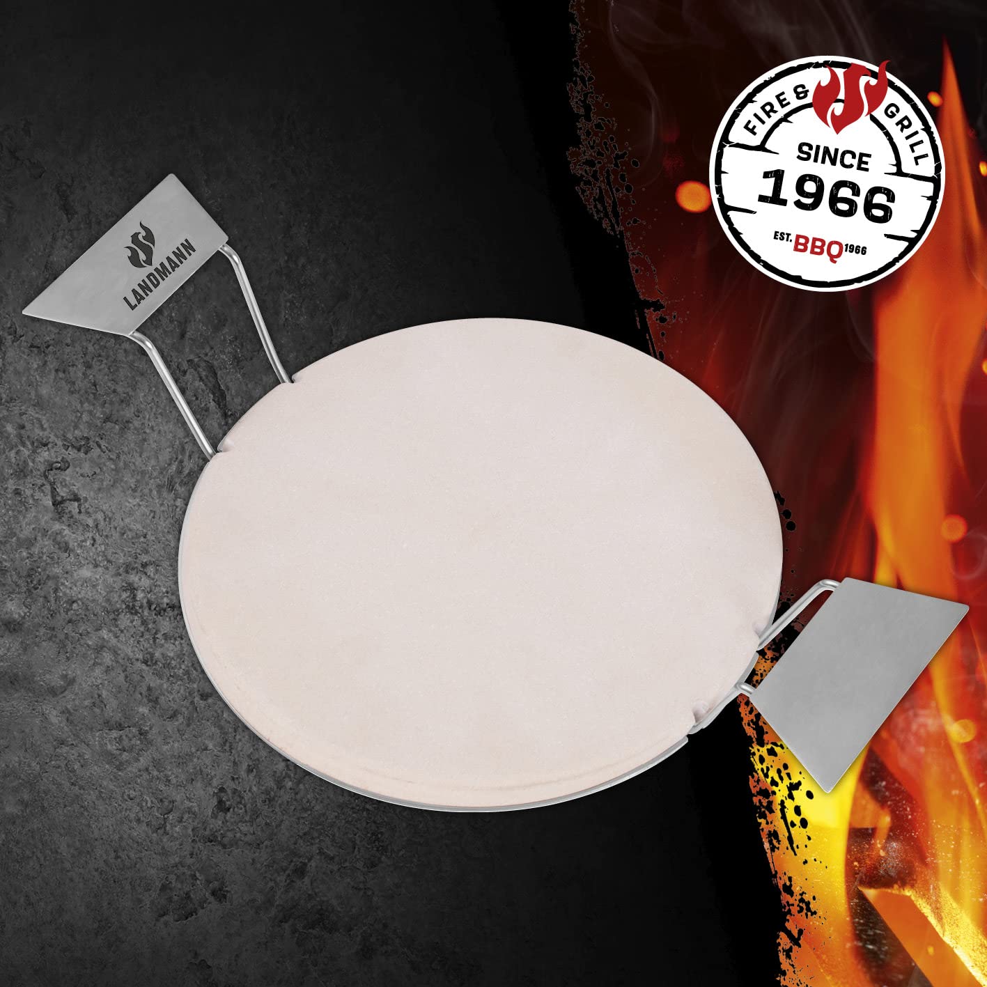 LANDMANN | Pizzastein für Gasgrill | Cordierit | ca. Ø 30,5 cm | Modulus-System | Edelstahl-Griffe | Für Gasgrill, Holzkohlegrill & Backofen geeignet | Zur Zubereitung von Pizza, Flammkuchen & Brot