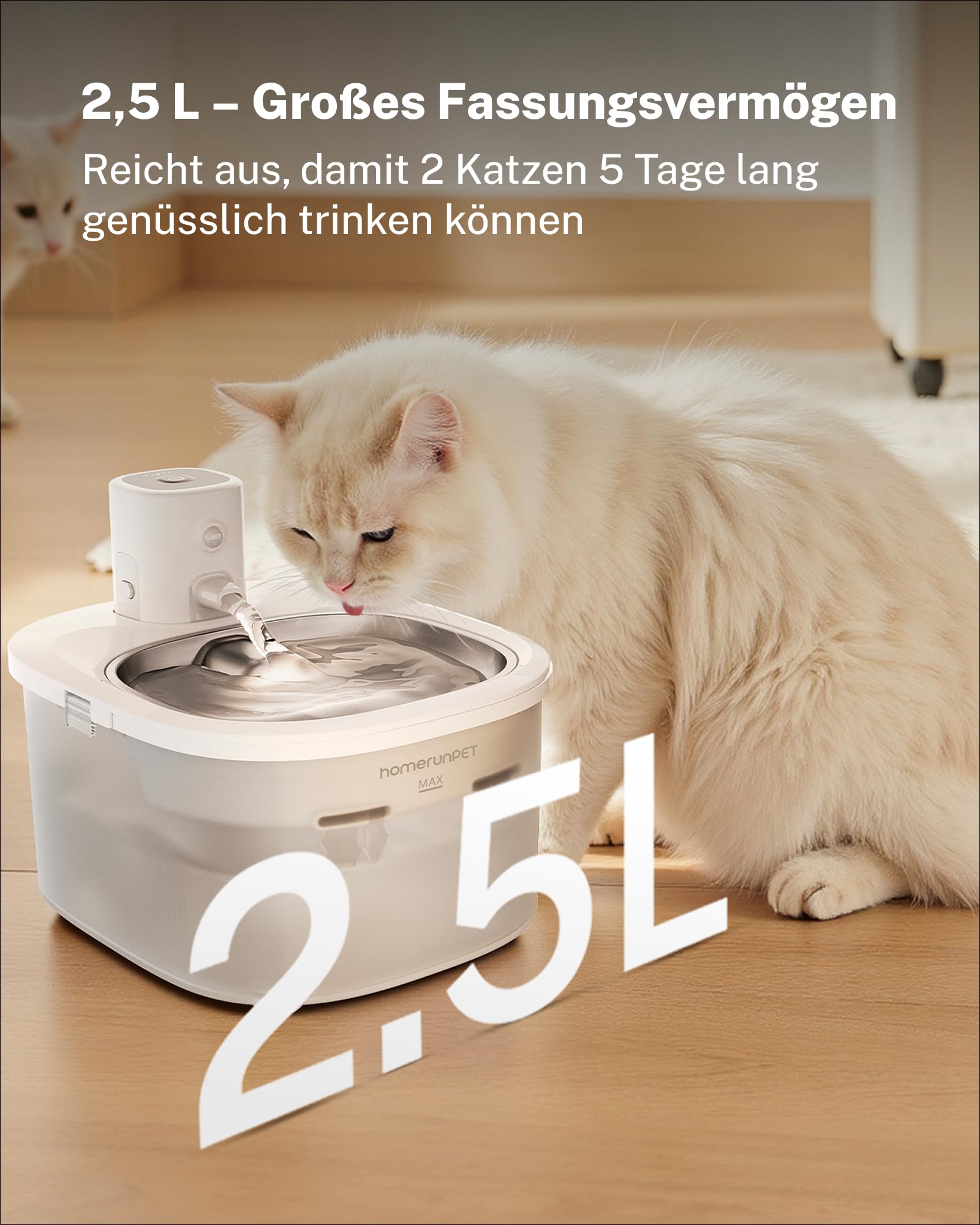 HomeRunPet Trinkbrunnen für Katze Kabellos,Katzenbrunnen mit Bewegungsmelder, 2.5L Katzenbrunnen Edelstahl,Batteriebetrieb 4000mAh,Edelstahl-Tablett,18dB Extrem Leiser, Einigen (Spülmaschinenfest)