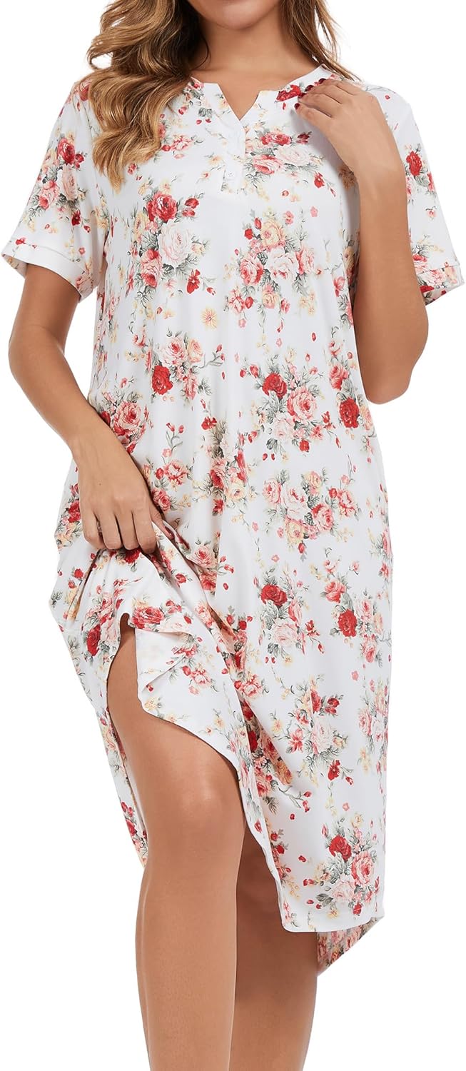 Nightgowns for Women Soft Cotton Short Sleeve Botton Night Gowns Long Sleepwear with Pockets - Image 4