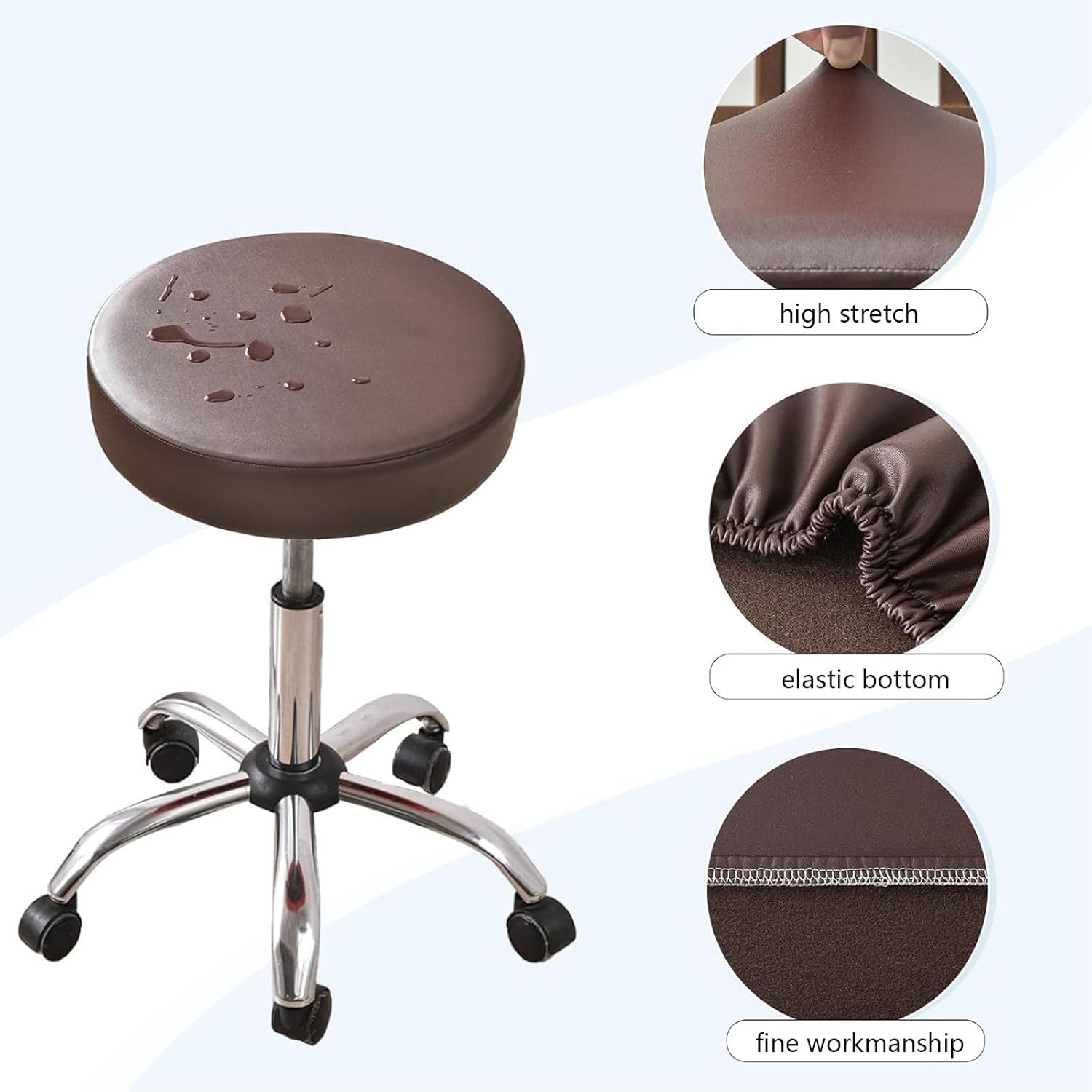 Waterproof PU Leather Round Stool Cover, Elastic Non-Slip Chair Cushion Cover, Bar Stool(Coffee,Set of 6)