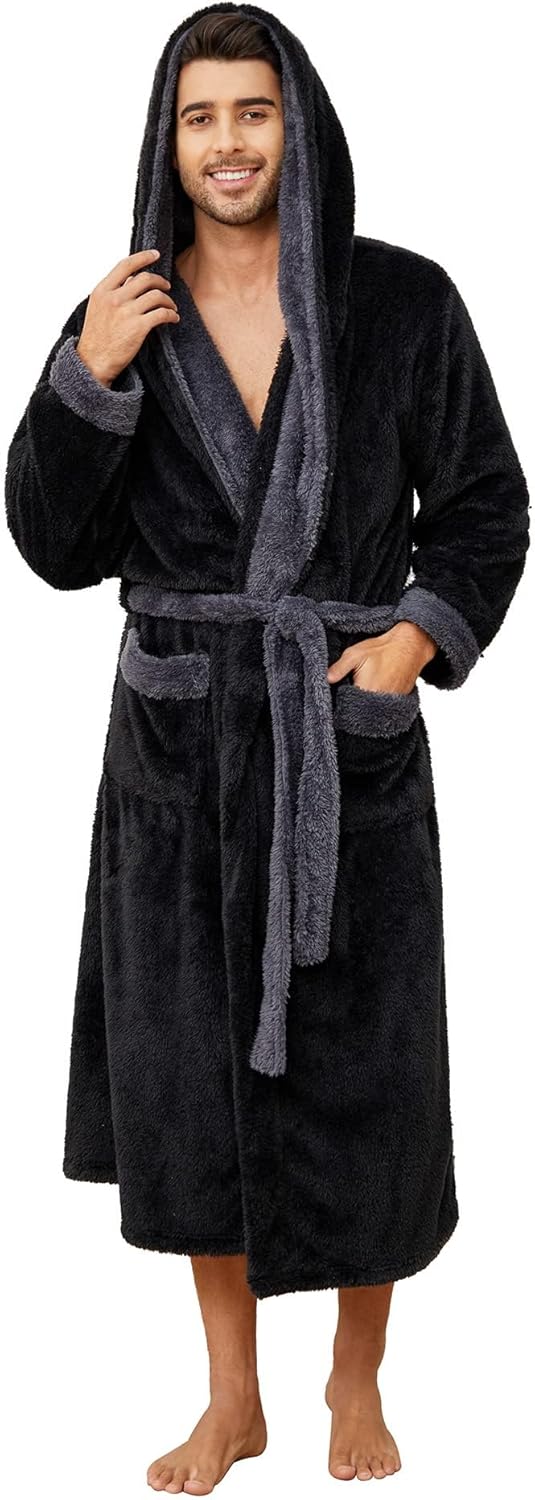 Vulcanodon Mens Robe Big and Tall with Hood, Full Length Plush Robe for Men Long Fleece Bathrobe