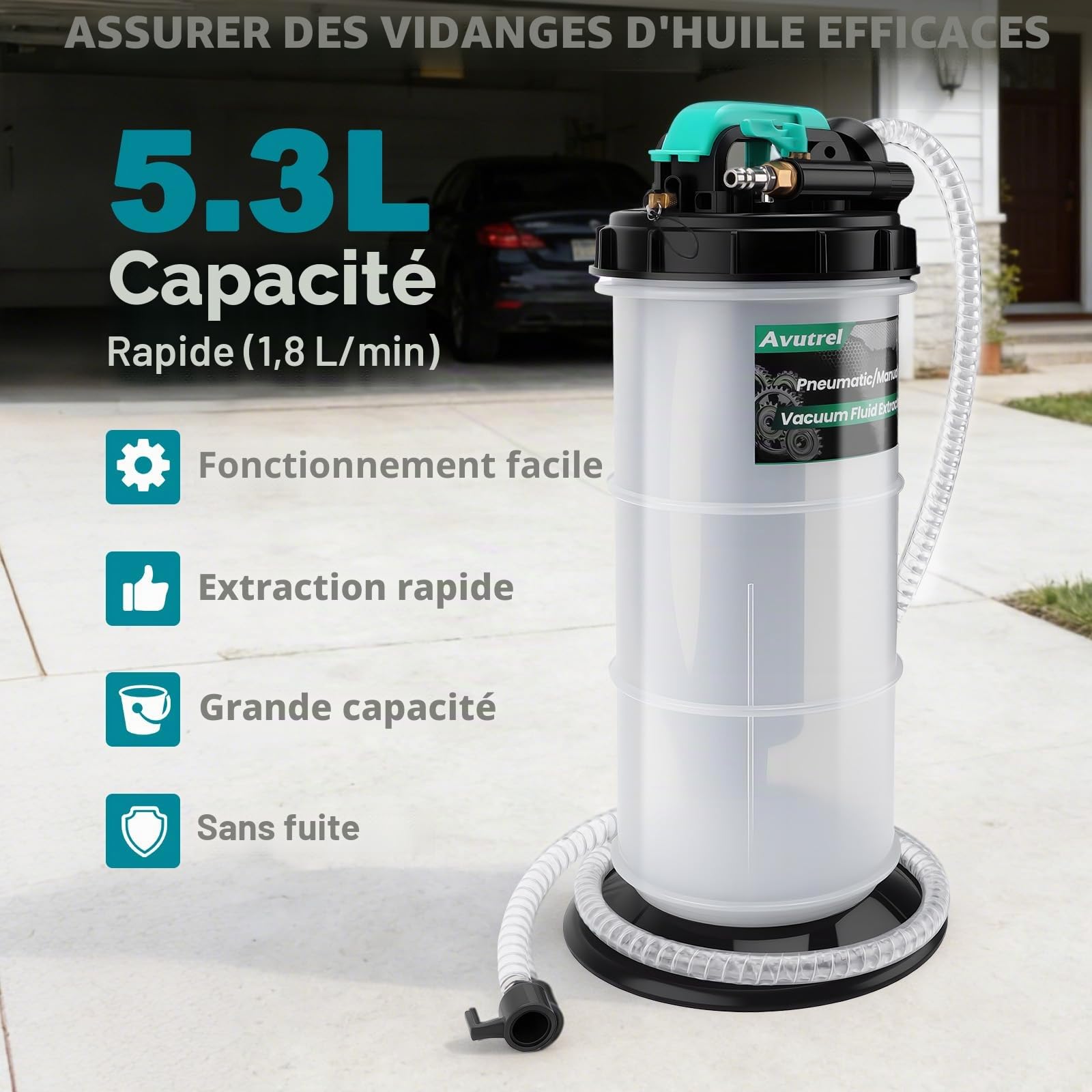 5.3L Pompe à Vide d'Aspiration Vidange d'Huile Moteur, Manuelle et Pneumatique Pompe a Huile, avec 6 Tuyaux et Soupape de Sécurité, Pompe d'Aspiration d'Huile pour Moteur, Transmission