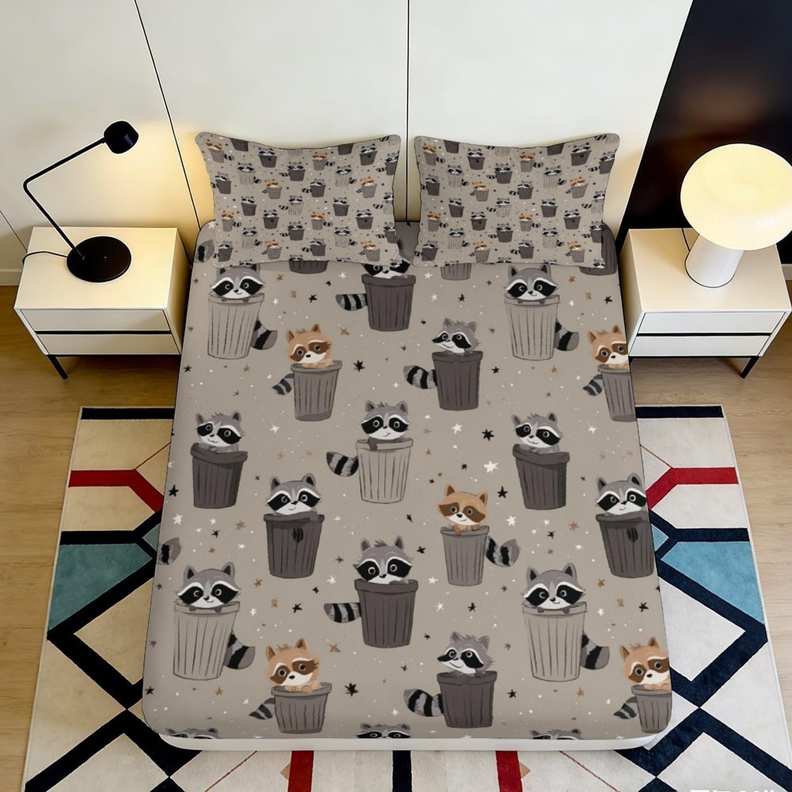 Pnayamiorkfel Style-5 3D Printed Cartoon Raccoon Fitted Sheet Microfiber Soft Brown Grey Animal Trash Can Mattress Cover For Bedroom Dorm Decor 90X200x25cm