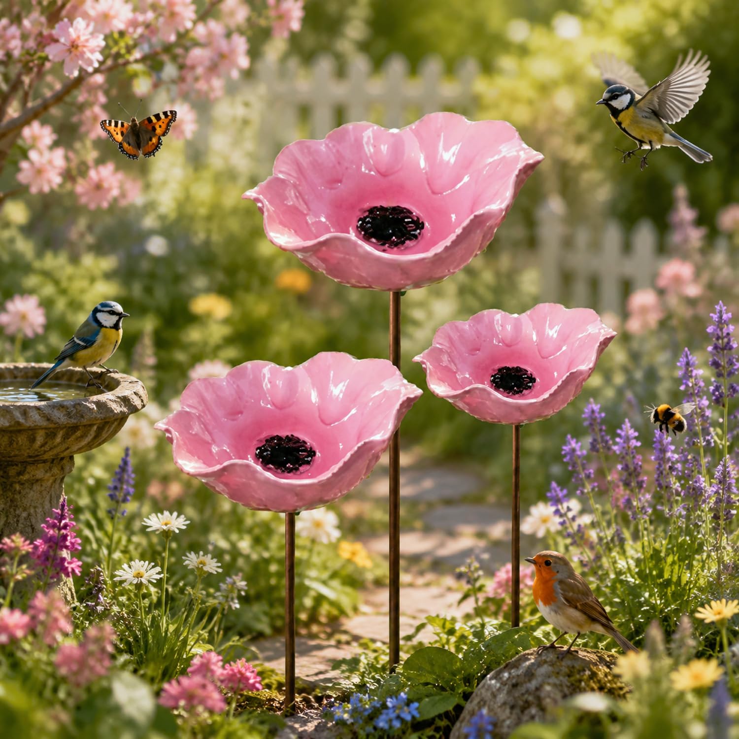 Shallow floral-shaped bird bath, flower-shaped garden stick bird waterer with metal post, weatherproof outdoor bird feeder, for hummingbirds and bees (2, Pink)