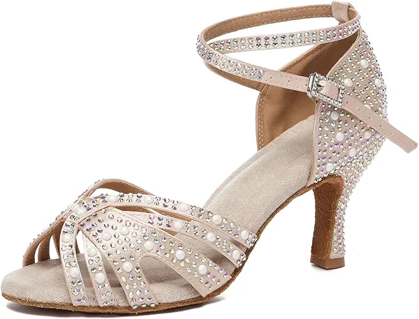Minishion Comfortable High Heel Dance Shoes for Women Rhinestones Wedding Sandals